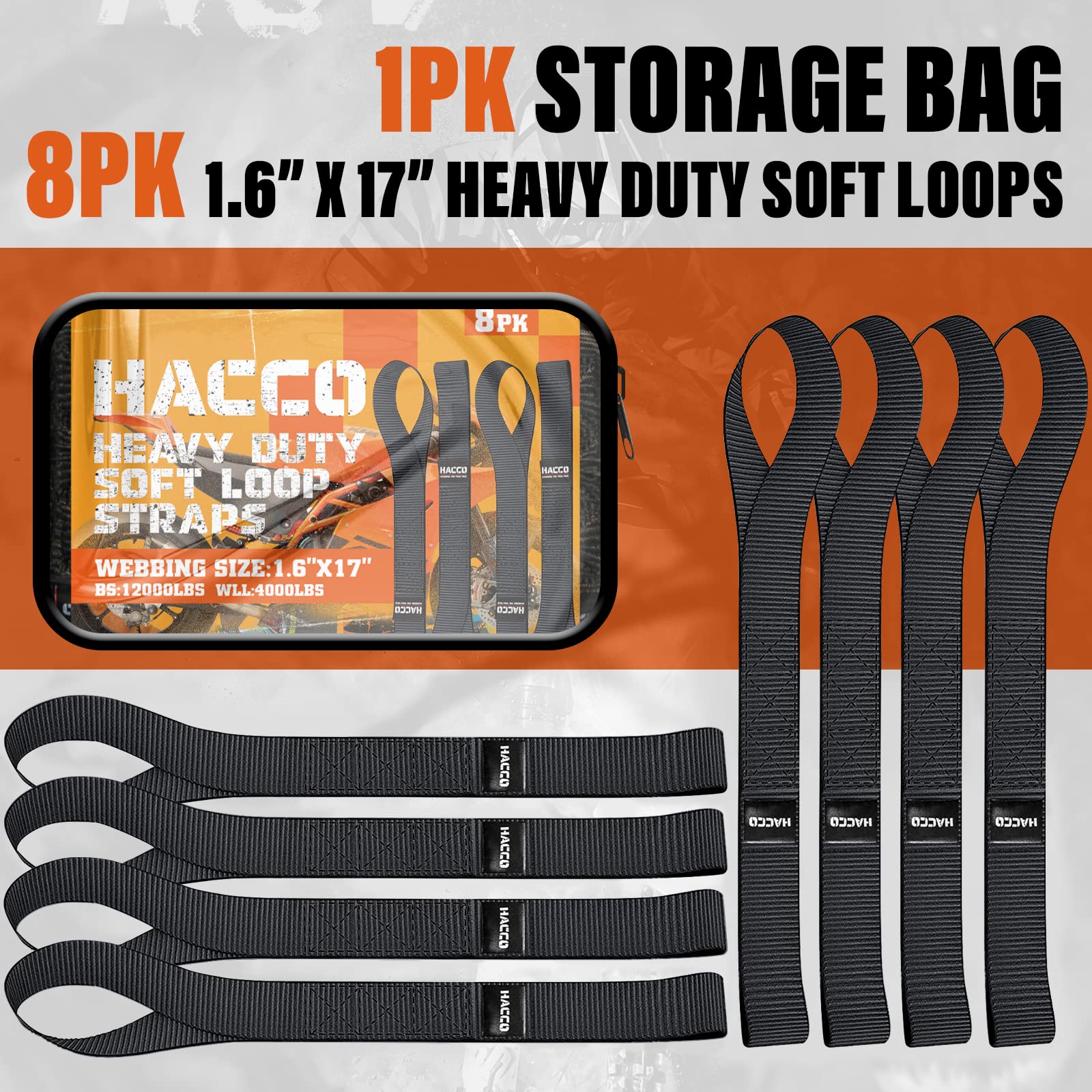 Haccoplanet 8PK Soft Loop Motorcycle Tie-Down Straps, 1.6 x 17inch 10000LB Break Strength, Heavy Duty Tie Down Loops for Securin