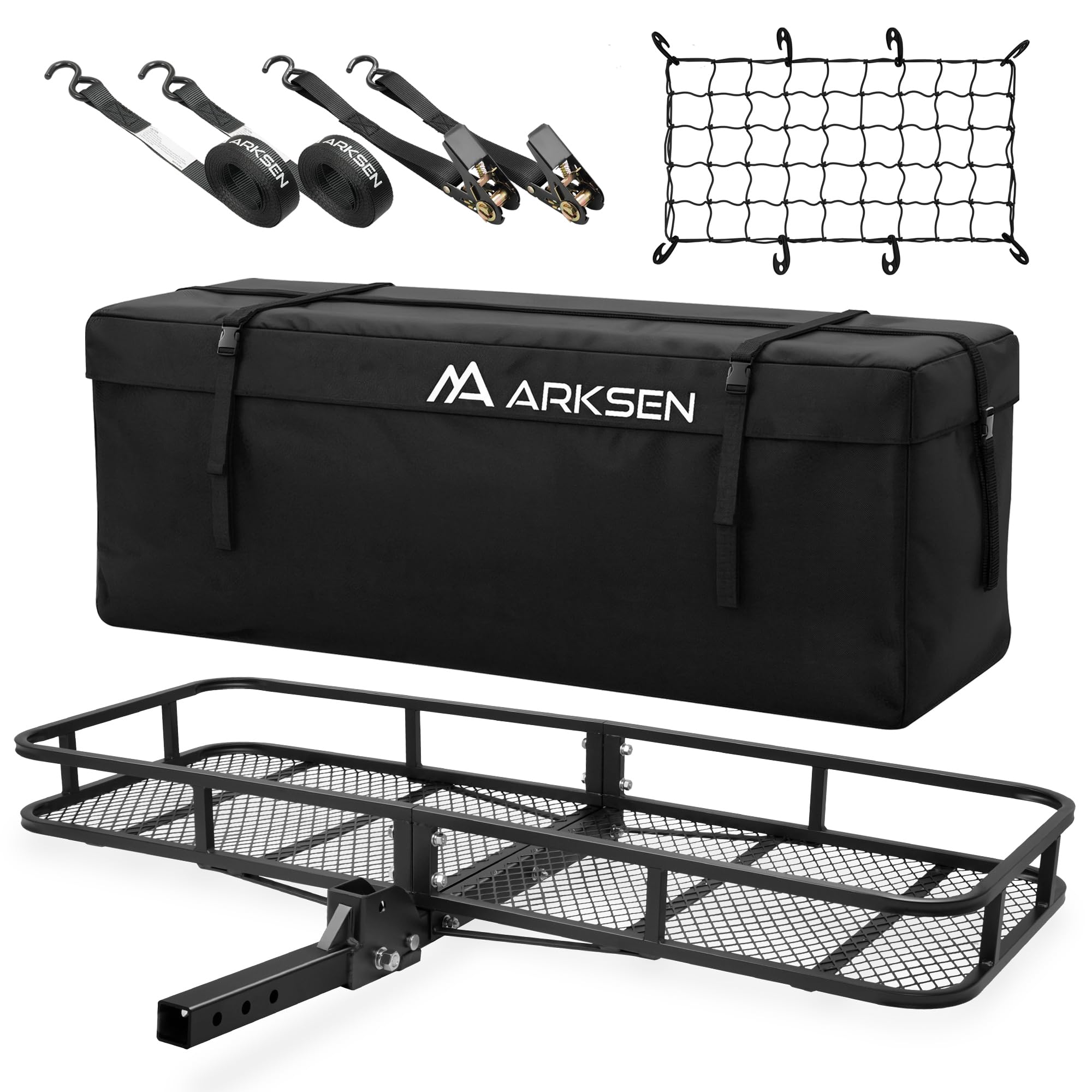 Arksen 60 X 23 X 5.5 Inch Folding Hitch Cargo Carrier With Cargo Bag, Nylon Net, 2 Ratchet Straps, 500 Lbs Capacity Heavy Duty 2