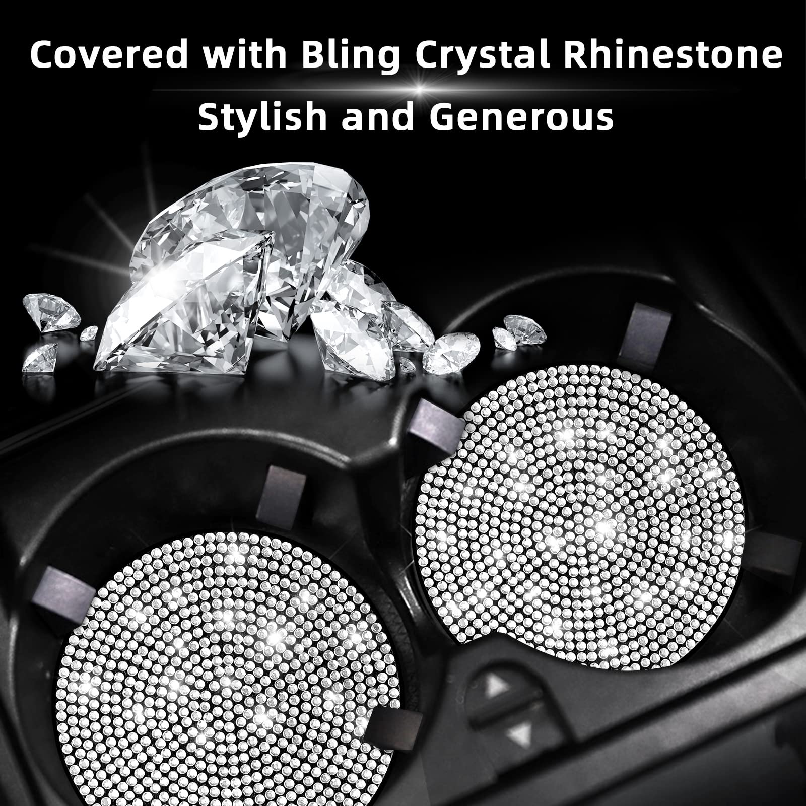 Tyhaui 2 Pack Bling Car Cup Holder Coasters, 2.75 Inch Full Crystal Rhinestone Car Cup Holder Insert Coaster Anti-Slip Auto Auto