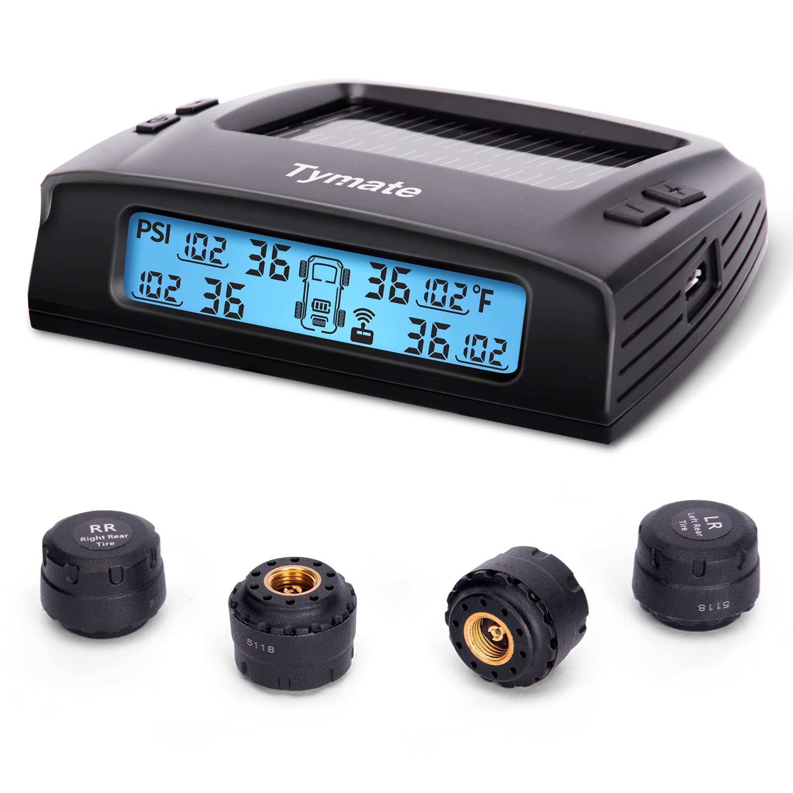 Tymate Rv Tire Pressure Monitoring System - M7-3 Tpms Tire Pressure Monitor System(0-87 Psi) With Solar Charger, Rv Tpms With 4 Sensors & 5 Alarm Modes, Lcd Display, Auto Sleep Mode, Easy To Install