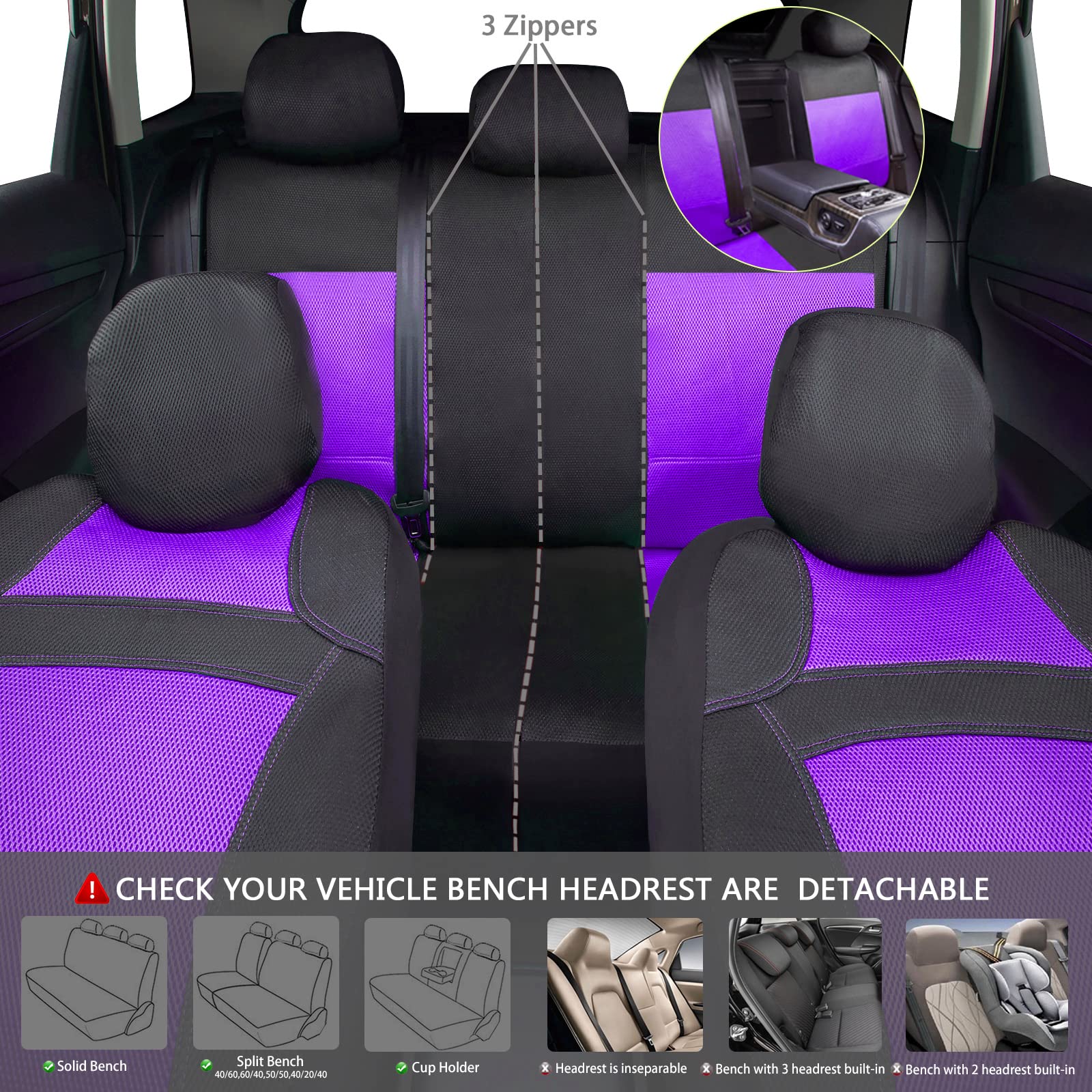 CAR PASS Universal 13PCS 3D Air Mesh-100% Breathable Seat Covers Full Sets, Steering Wheel, Belt Cover Airbag and Rear Split Ben