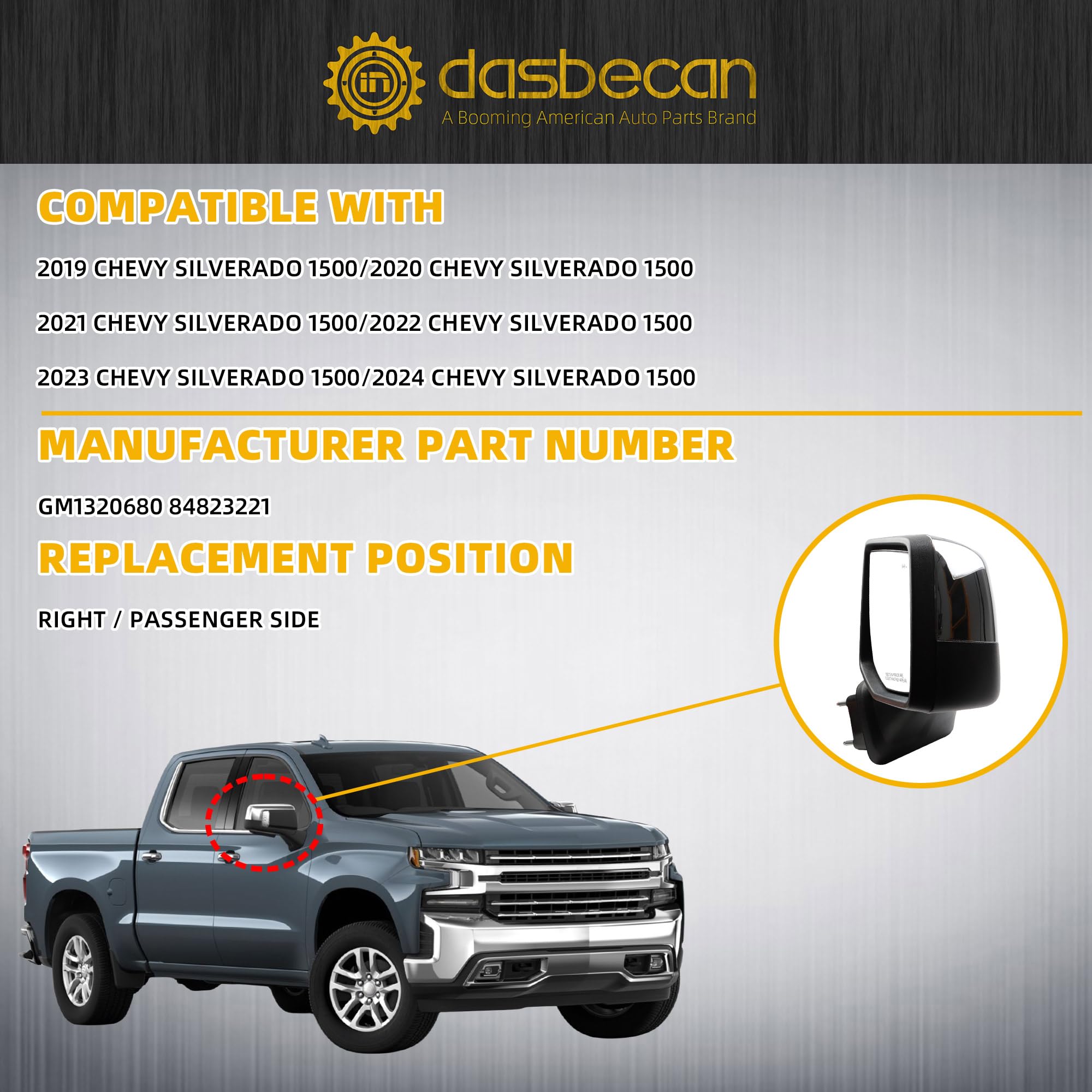 Dasbecan Right Passenger Side Mirror Compatible with 2019-2024 Chevy Silverado 1500 With Power Glass/Temp Sensor/LED Turn Signal