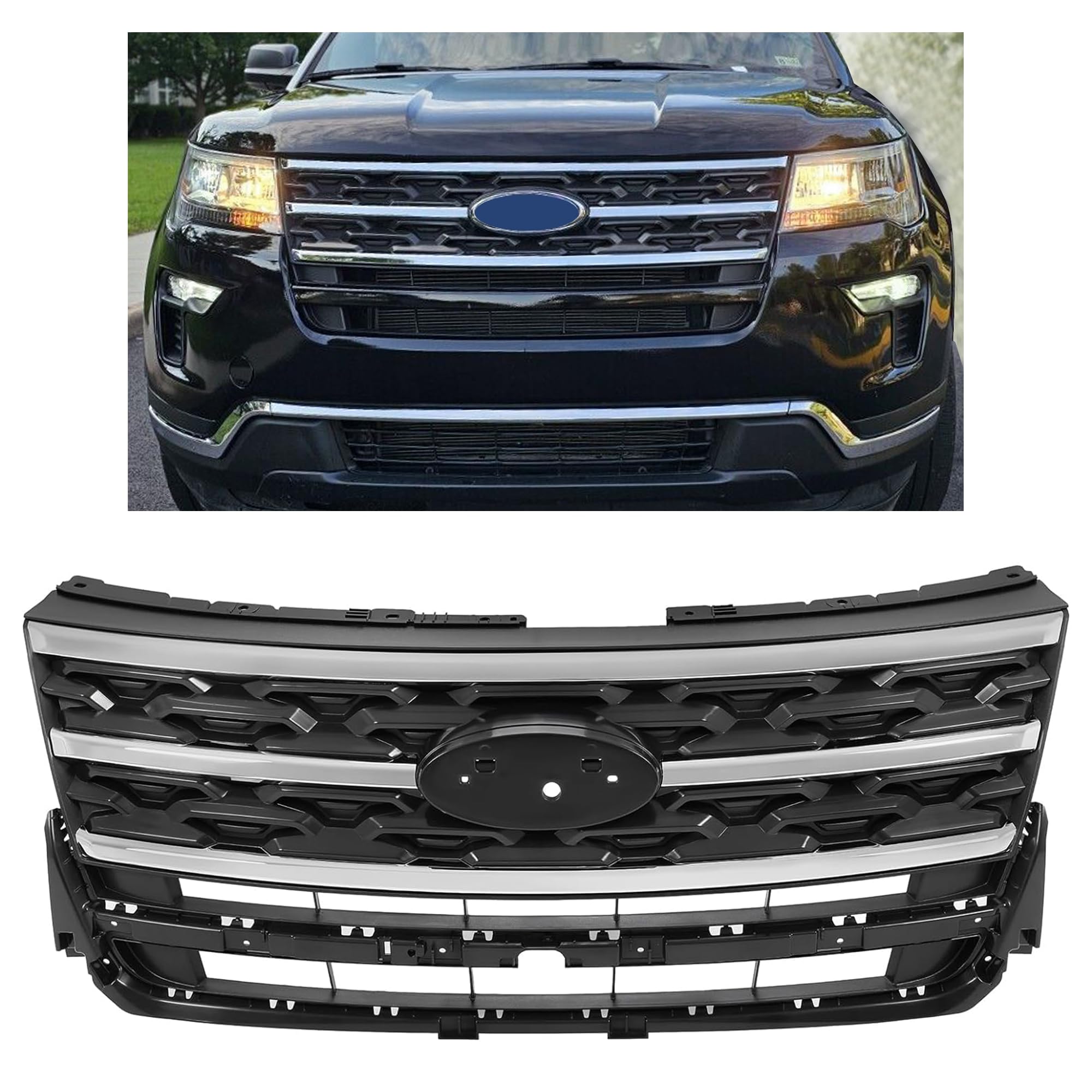 HECASA Front Grille Grill Compatible with 2018-2019 Ford Explorer Front Bumper Upper Hood Grill Chrome Black & Silvery