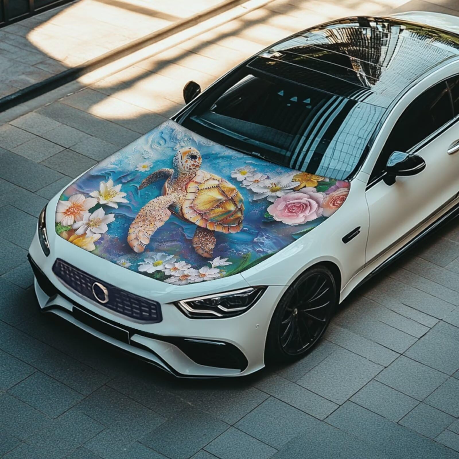 Qiyupavto 59  39 Inch Sea Turtle Print Car Hood Cover Protector for SUV Sedans Trucks, Elastic Polyester Waterproof Sun-Proof Au