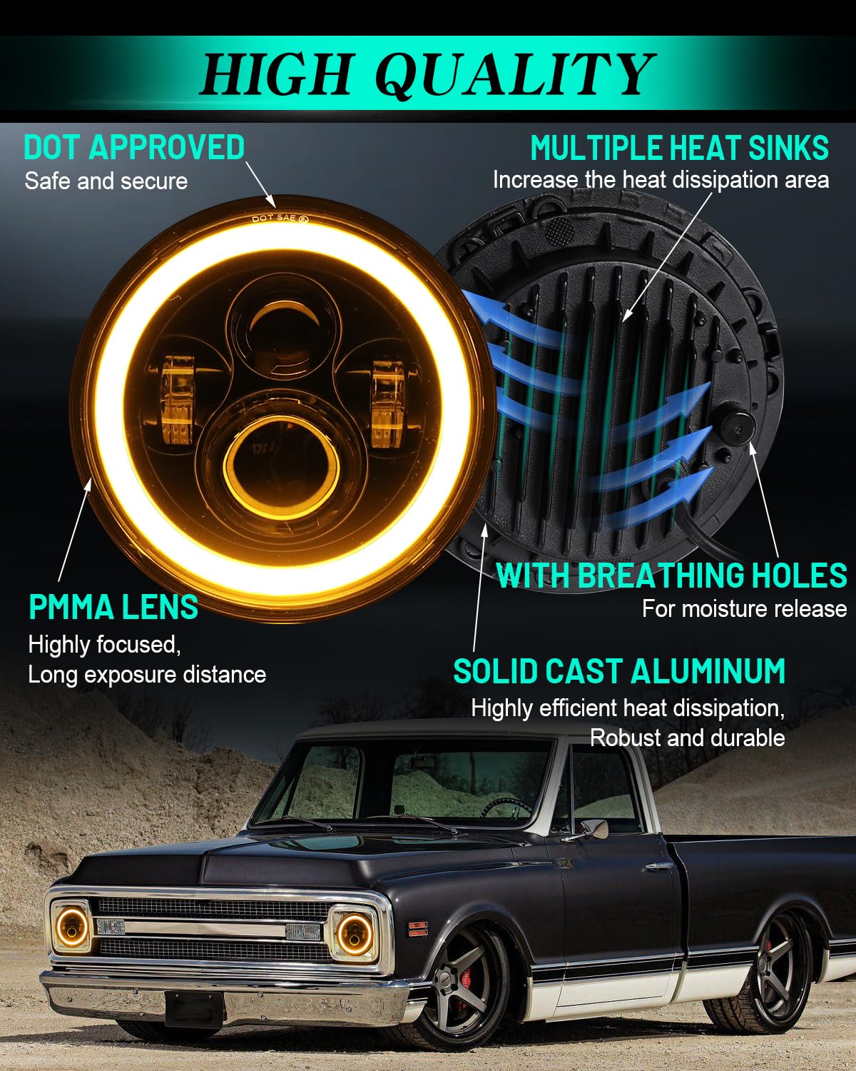 Zimablue 7 Inch Led Headlight Round 2Pc Projector 7 Inch Halo Led Headlight H6024 Dot Approved Hi/Lo Beam Drl Amber Turn Signal