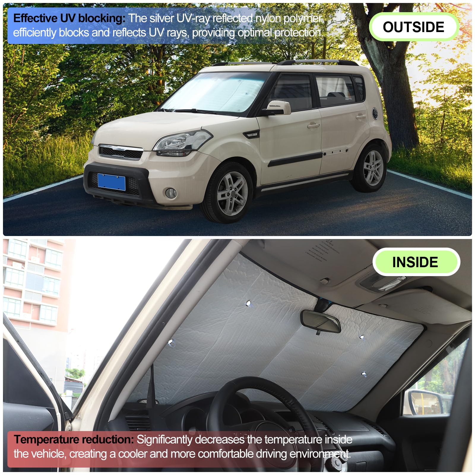 Front Windshield Sunshade For Kia Soul 2009-2013, Custom Fit Windshield Sun Shade, Foldable Reflective Sun Visor, Screen Shield Cover Uv Blocker Protector Heatshield Keeps Your Vehicle Cool (Silver)