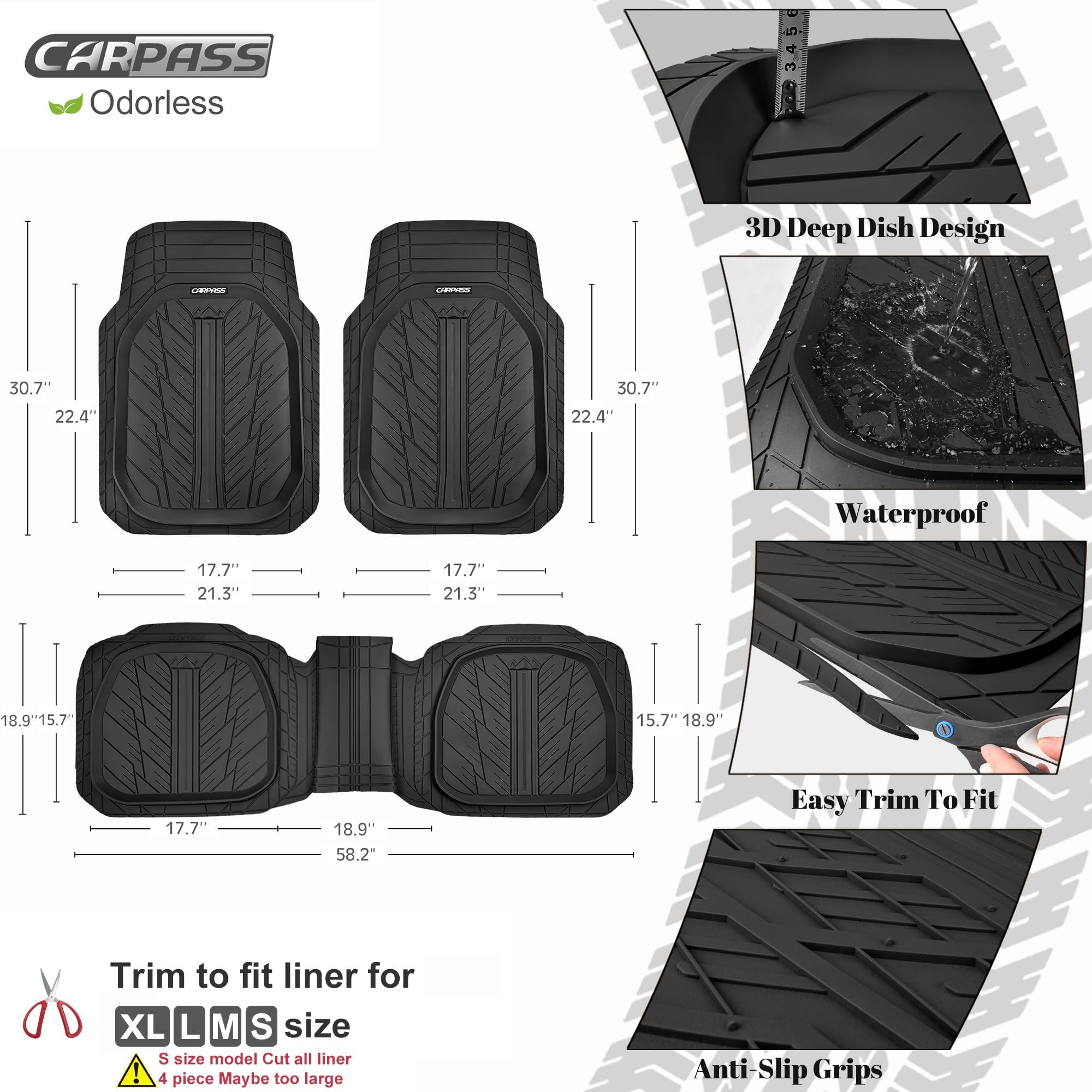 Car Pass 3 Row Heavy Duty Rubber Car Mats, Deep-Dish All-Weather Floor Mats For 7 Seats 8 Seater 2Nd & 3Rd, Waterproof Universal