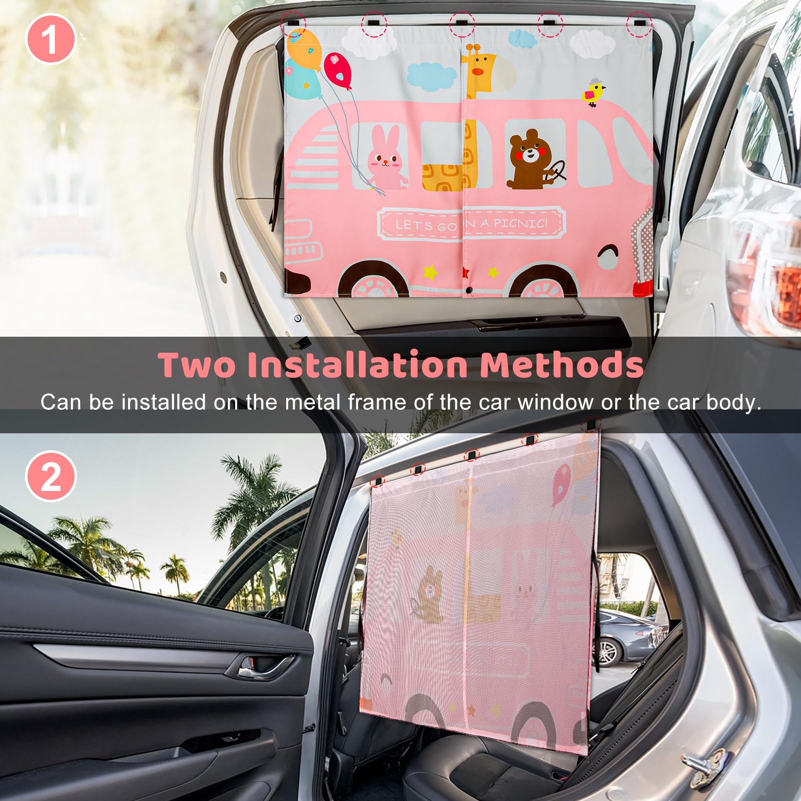 Car Window Shades, 2Pcs Magnetic Car Curtains For Side Windows Privacy Full Covers/Half Shade Options, Cute Cartoon Auto Sunshad