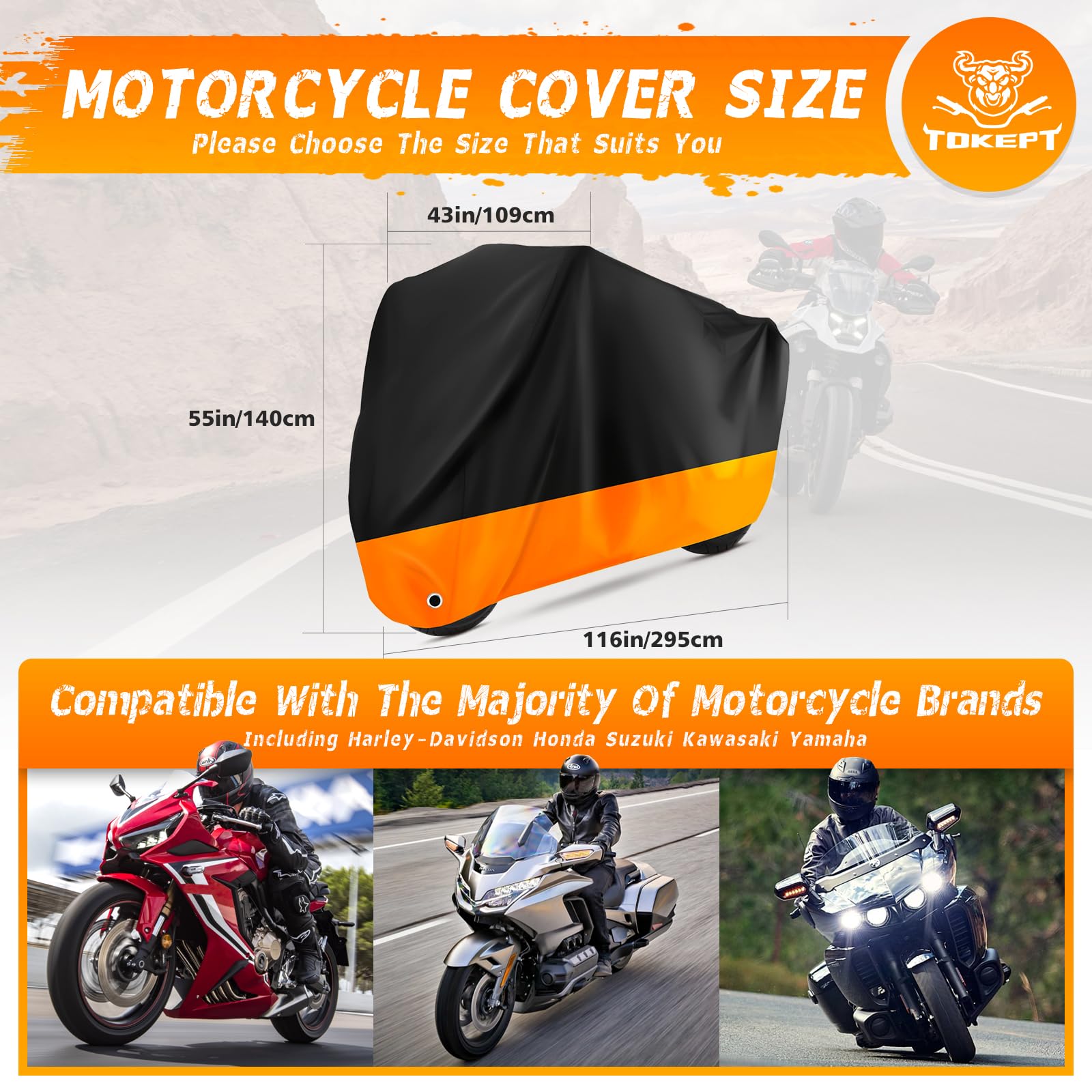 Tokept Motorcycle Cover All Season Universal Waterproof Sunscreen Outdoor Protection with Lock-Holes & Storage Bag Fits up to 10