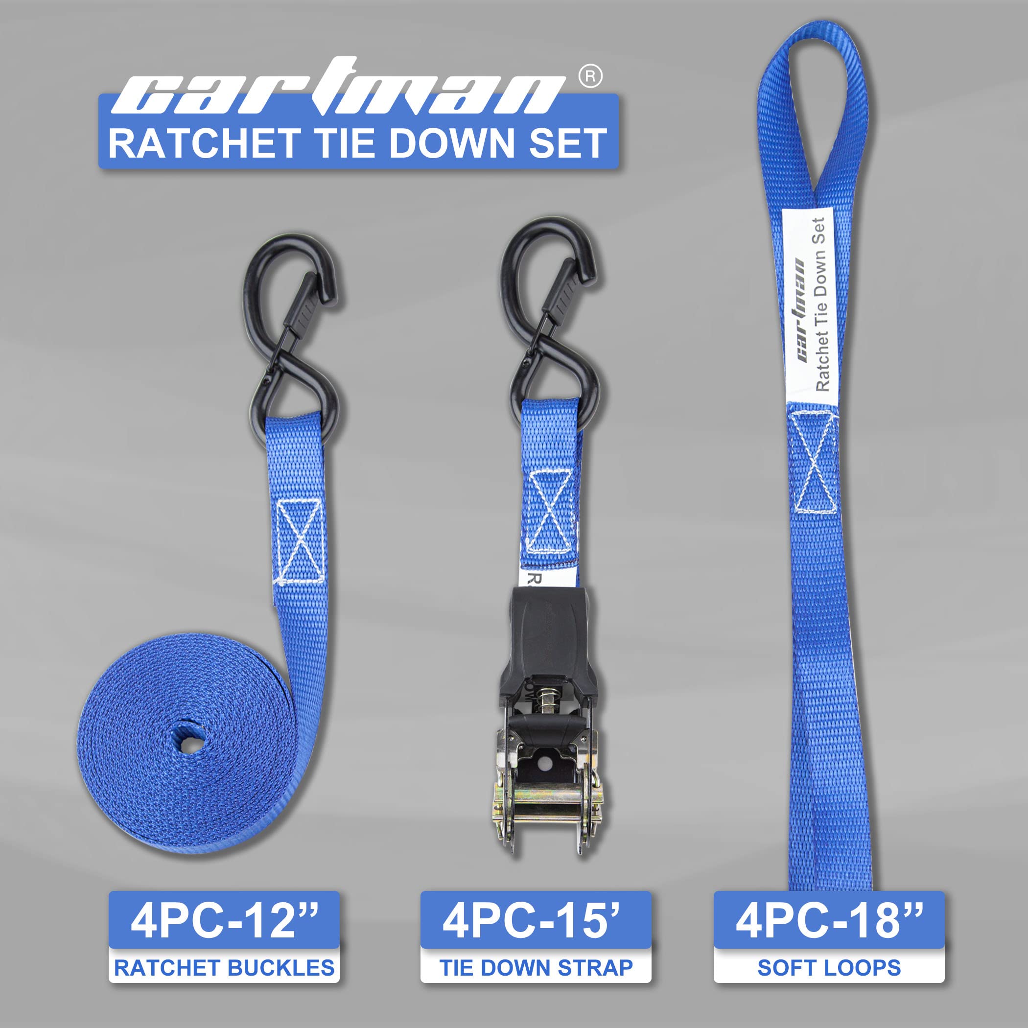 Cartman Ratchet Tie Down Straps 4Pk 2,000Lb Max Break Strength With Premium 1'' X 15' Rachet Tie Downs With Padded Handles, 4Pk
