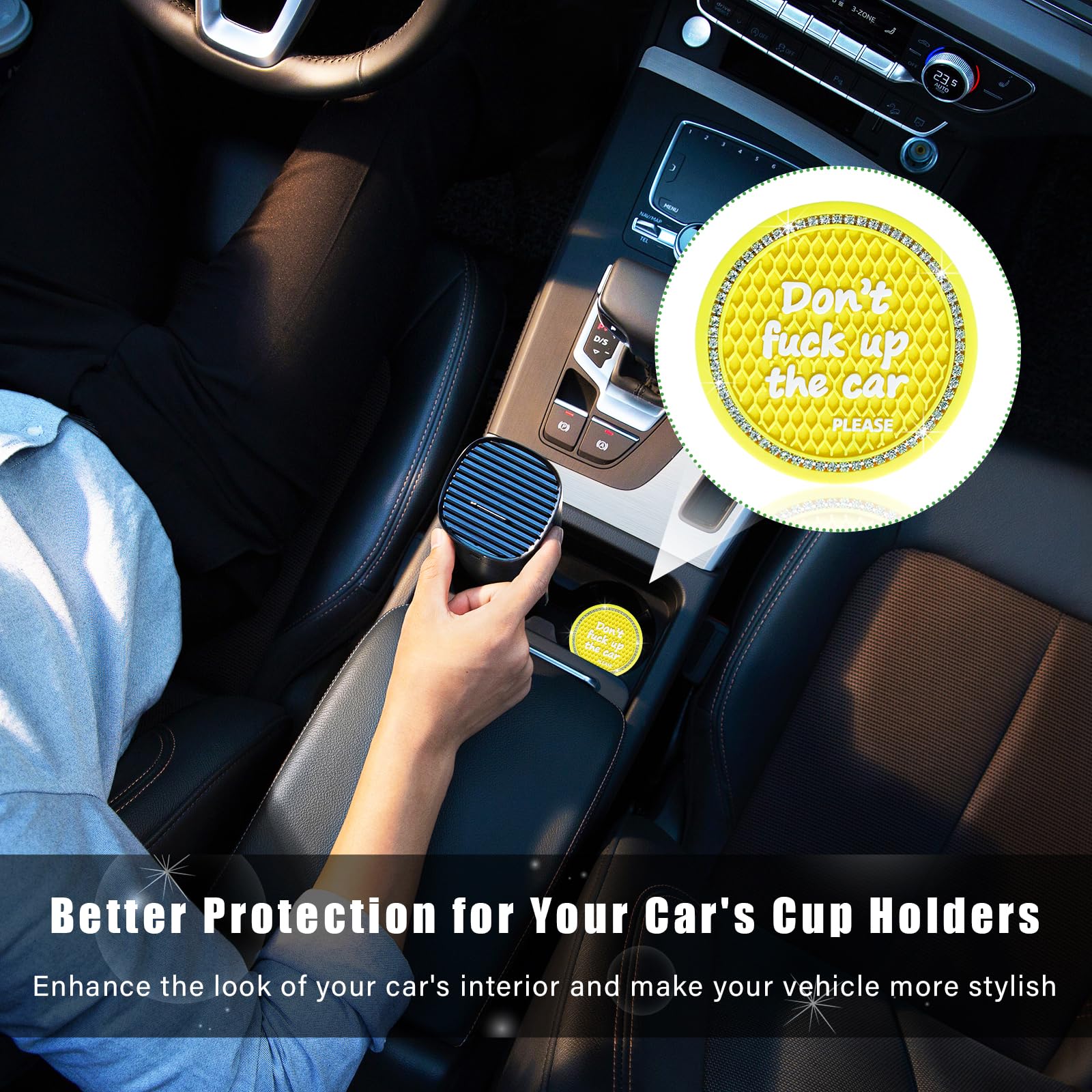 Ziciner 2 Pack Bling Car Cup Holder Coaster, 2.75 Inch Anti-Slip Auto Insert Coaster, Crystal Car Drink Mat Perfect For Women Gi