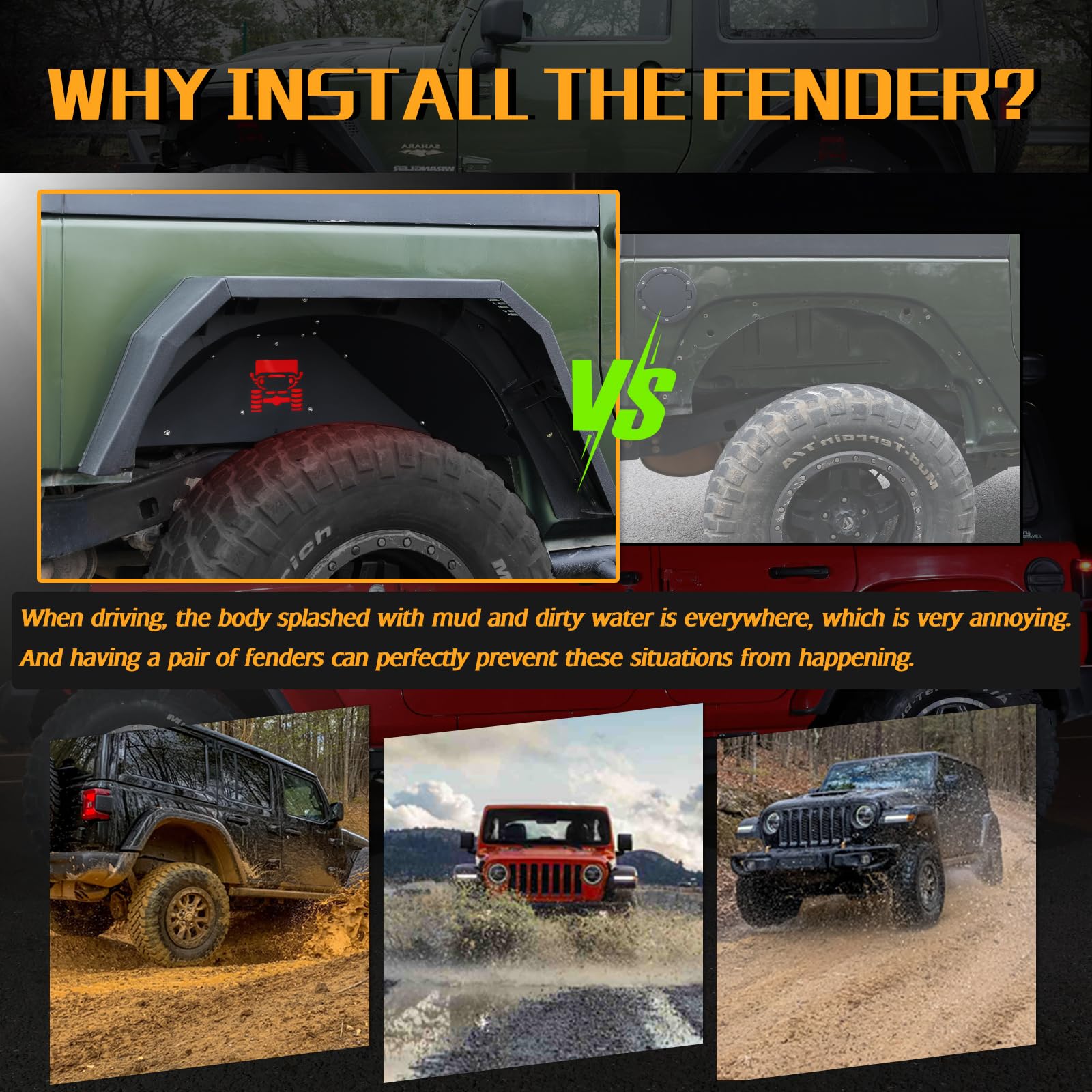 Jroad Inner Fender Front Fender Liners Compatible With Jeep Wrangler Jk Jku Aluminum,With 4 Led Lights For 2007-2018 Wrangler Ac