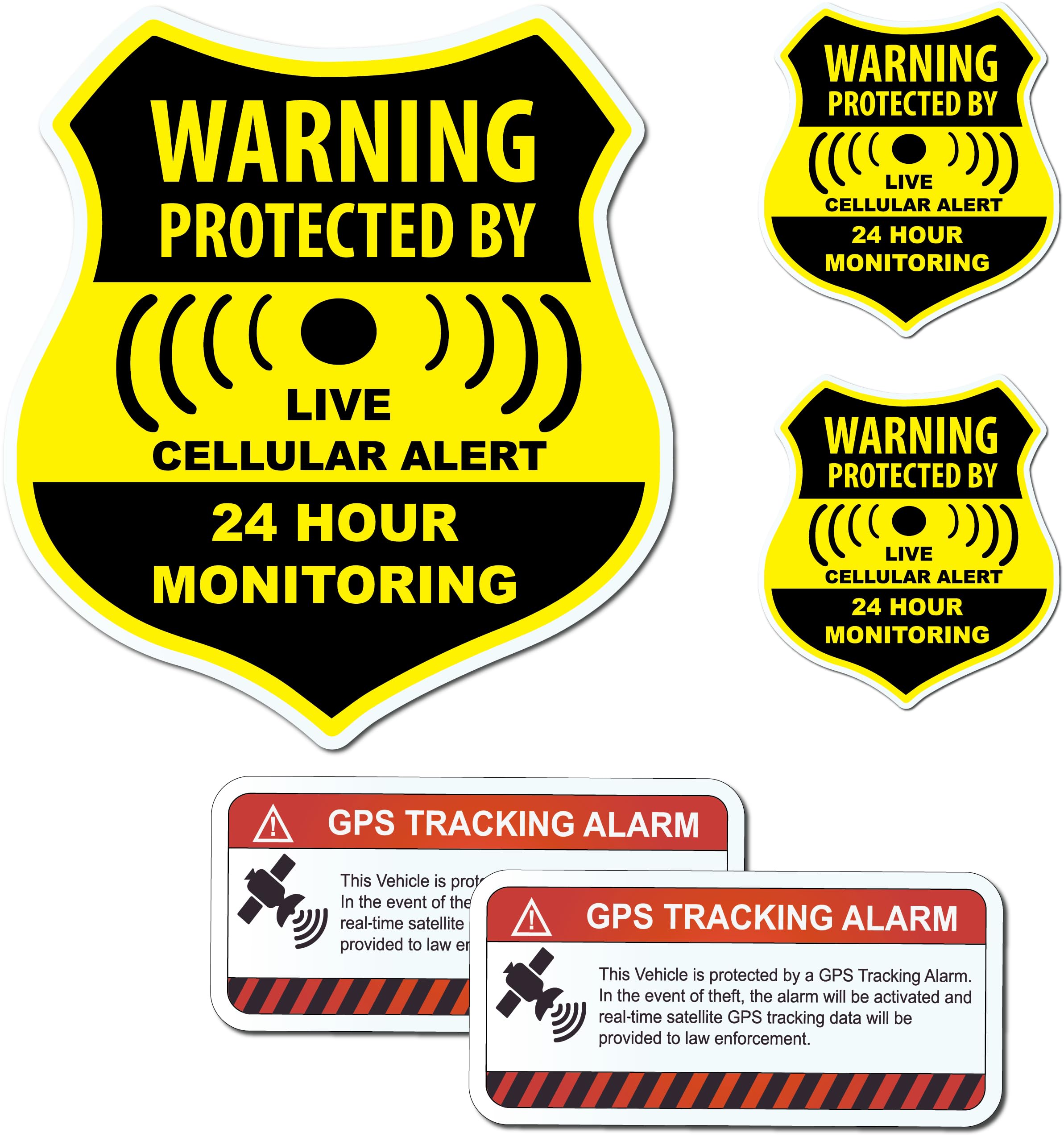 (5 Pack) Combination Pack Of 24 Hour Monitoring - This Vehicle Protected By Gps Tracking Warning Signs - Decal Self Adhesive Sticker Vinyl Decal — Uv Resistent