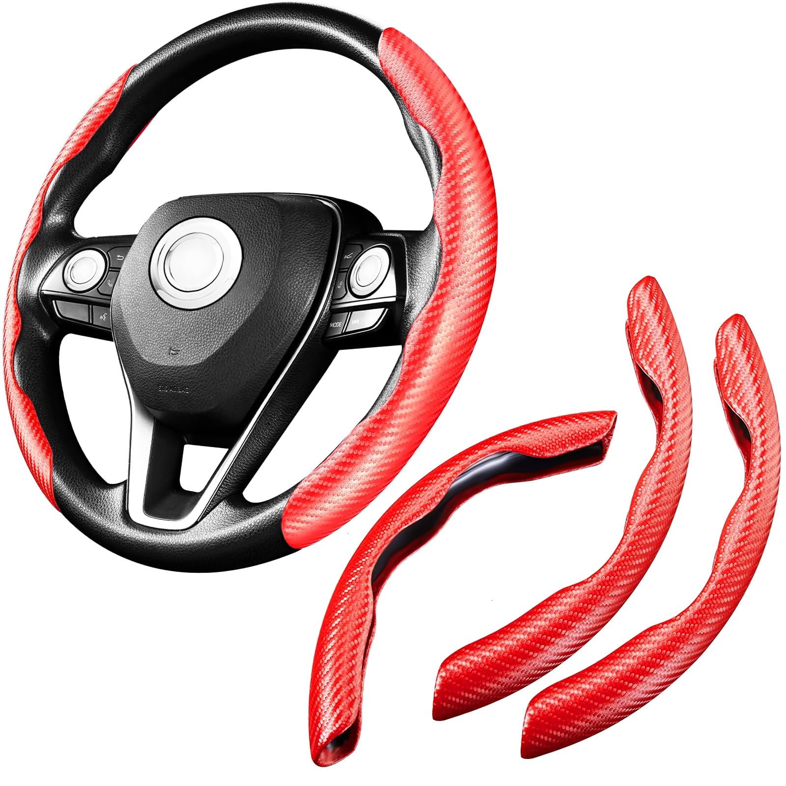 WSSROGY 3 Pack Anti-Skid Segmented Carbon Fiber Car Steering Wheel Cover Protector Universal for Most Car Wheel (Red)