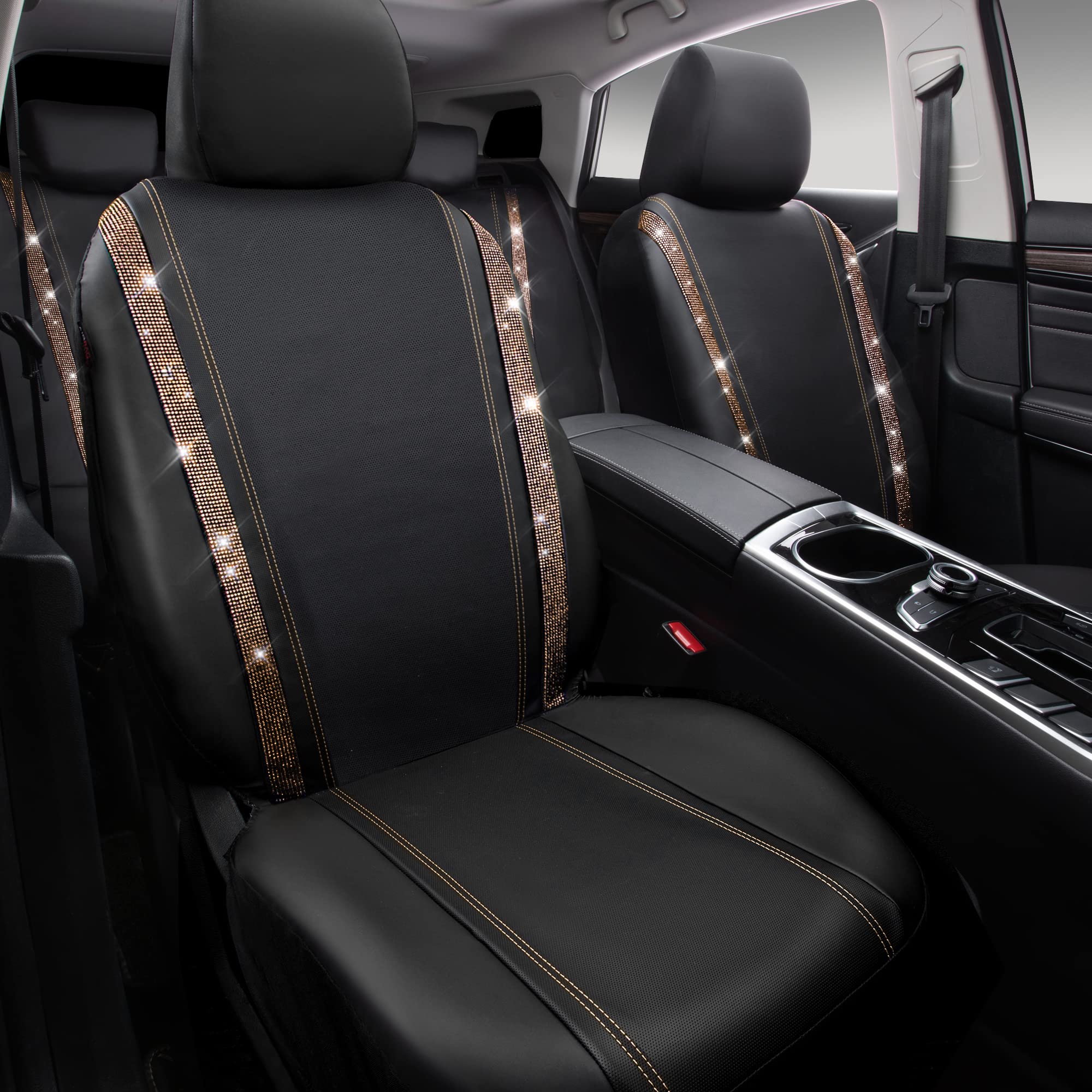 Car Pass Bling Car Seat Covers Full Sets, Shining Rhinestone Diamond Waterproof Faux Leather, With Zipper, Universal Fit Automot