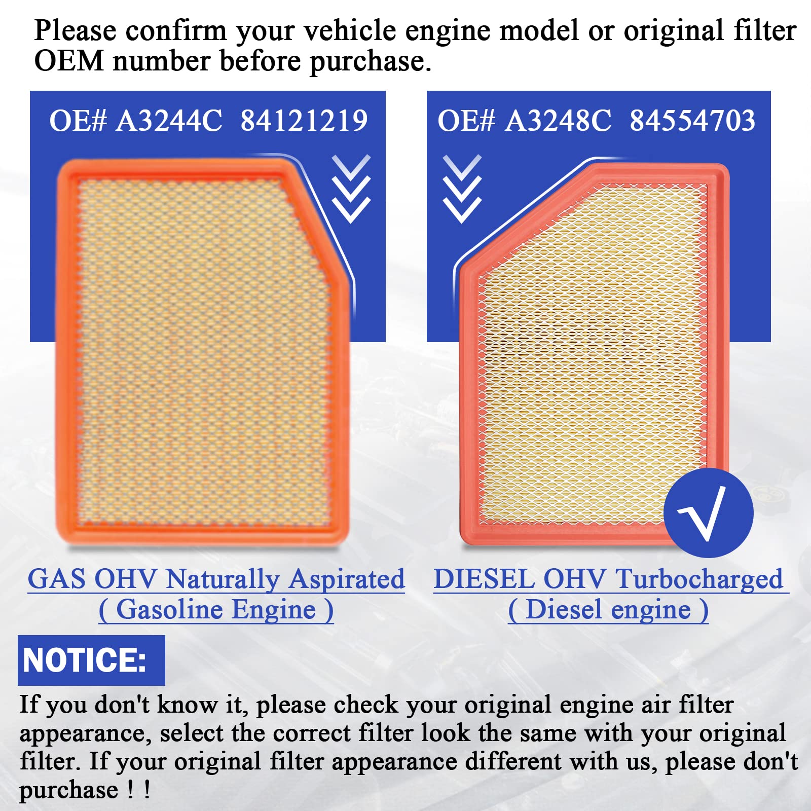 A3248C 84554703 Engine Air Filter For 2020 2021 2022 2023 Chevy Silverado Gmc Sierra 2500 Hd 3500 Hd 6.6L (Diesel Engine Only)