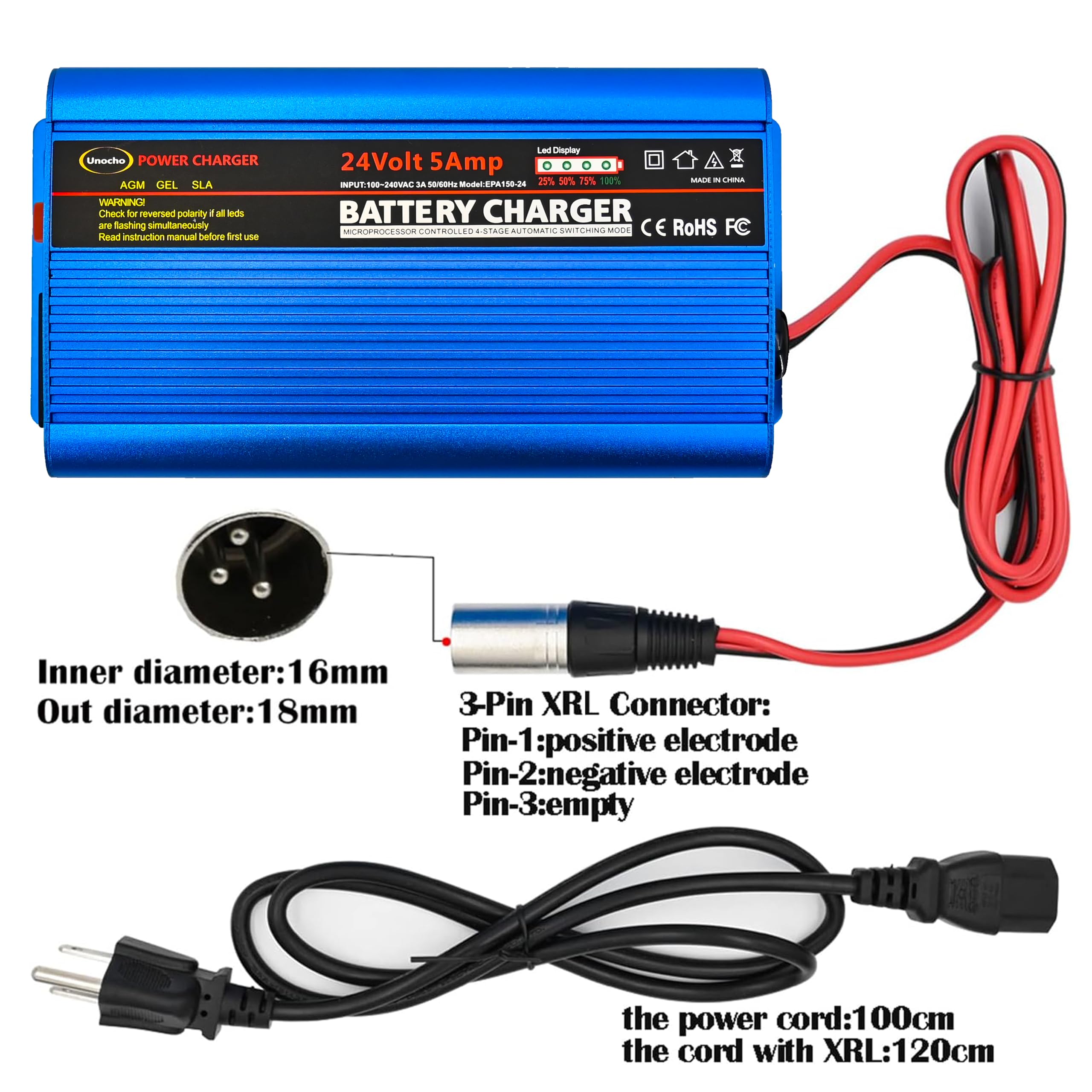 Unocho 24V Battery Charger Automatic Smart Charger 5A Trickle Charger And I/O Switch 3 Pin Xlr Connector Suitable For Charging Agm Gel Lead-Acid Batteries For Cars Wheelchairs Boats