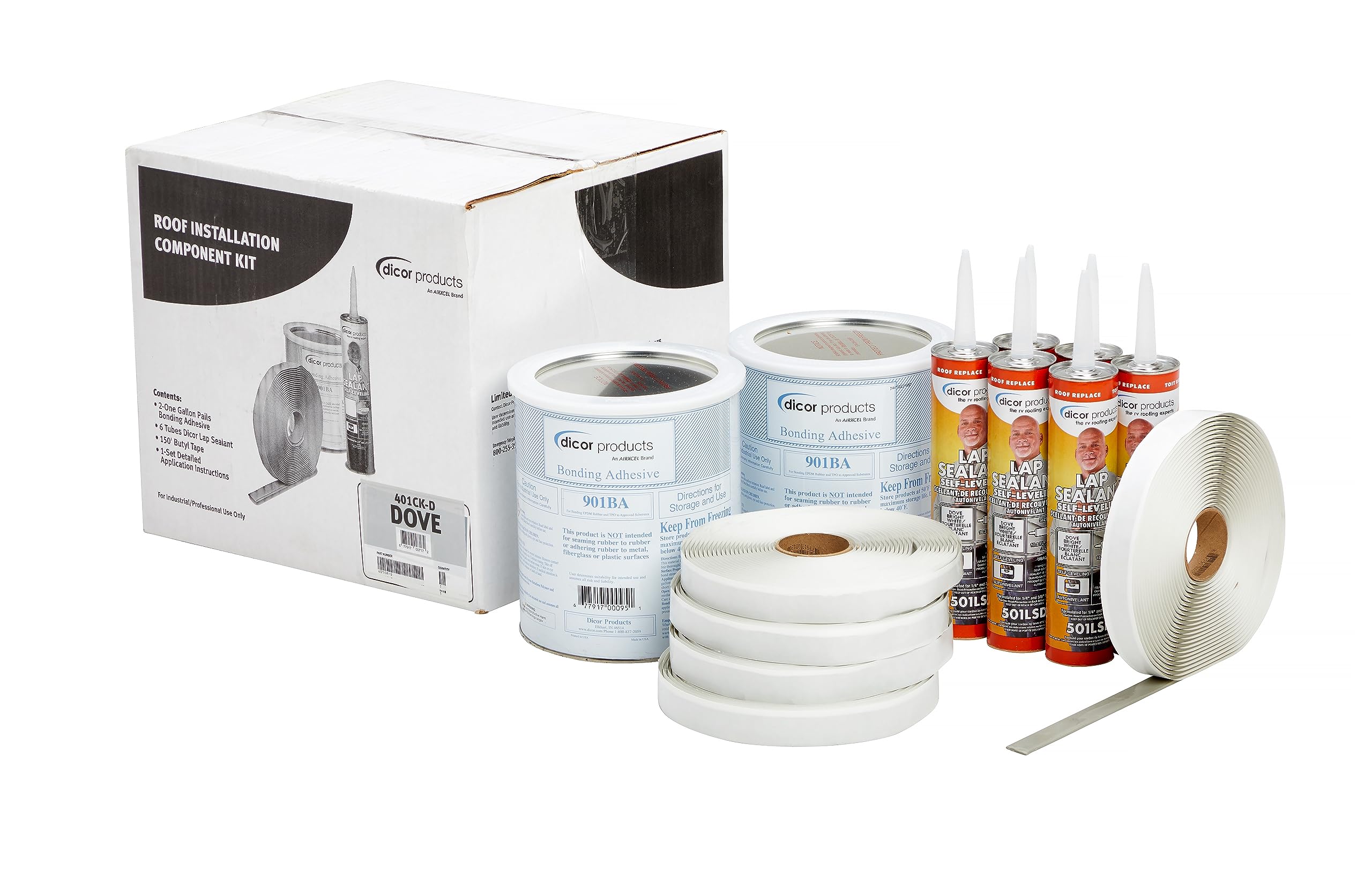 Dicor 401-Ck-D Rv Rubber Roof Kit - Bonding Adhesive, Rv, Trailer, Motorhome Repair Butyl Tape, Lap Sealant Included, Dove (Bright White)