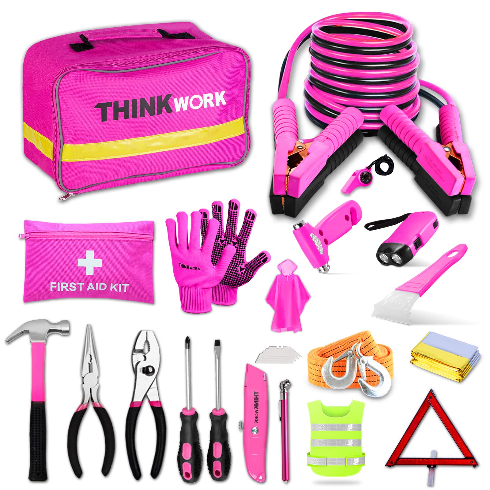 Thinkwork Car Emergency Kit For Teen Girl And Lady'S Gifts, Pink Emergency Roadside Assistance Kit With Pink Car Tool Set, 10Ft