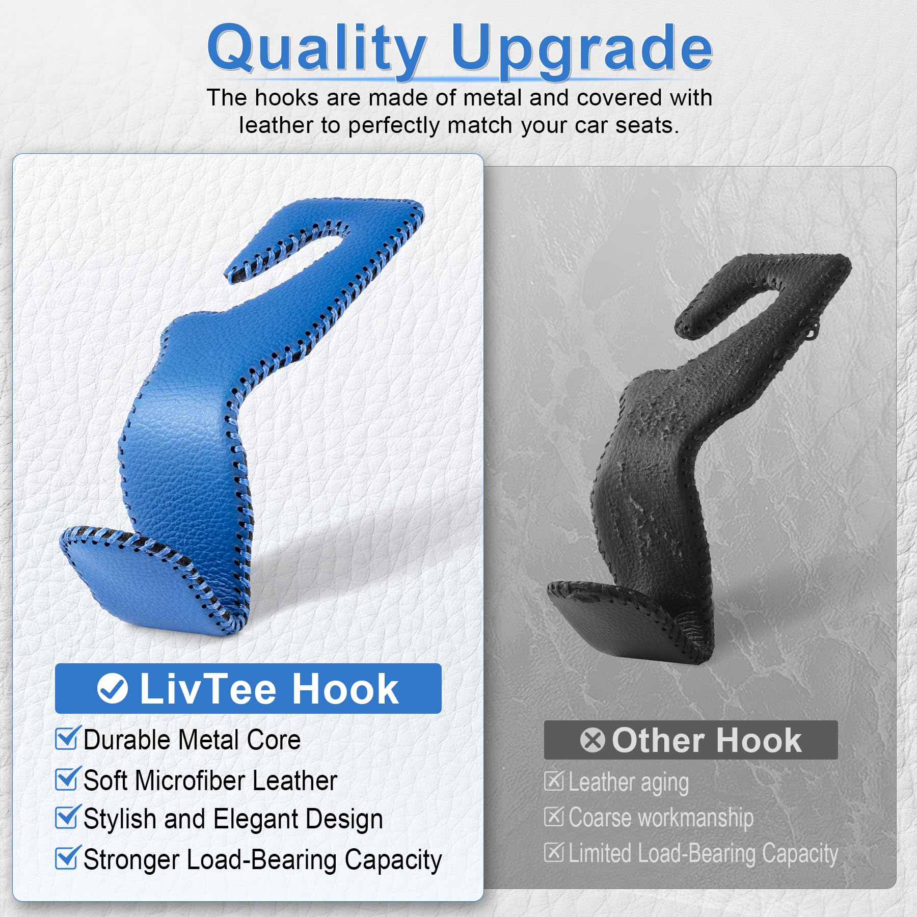 Livtee Blue Superior Leather Car Seat Back Headrest Hook, Auto Seat Hook Hangers Interior Accessories For Purse Coats Umbrellas