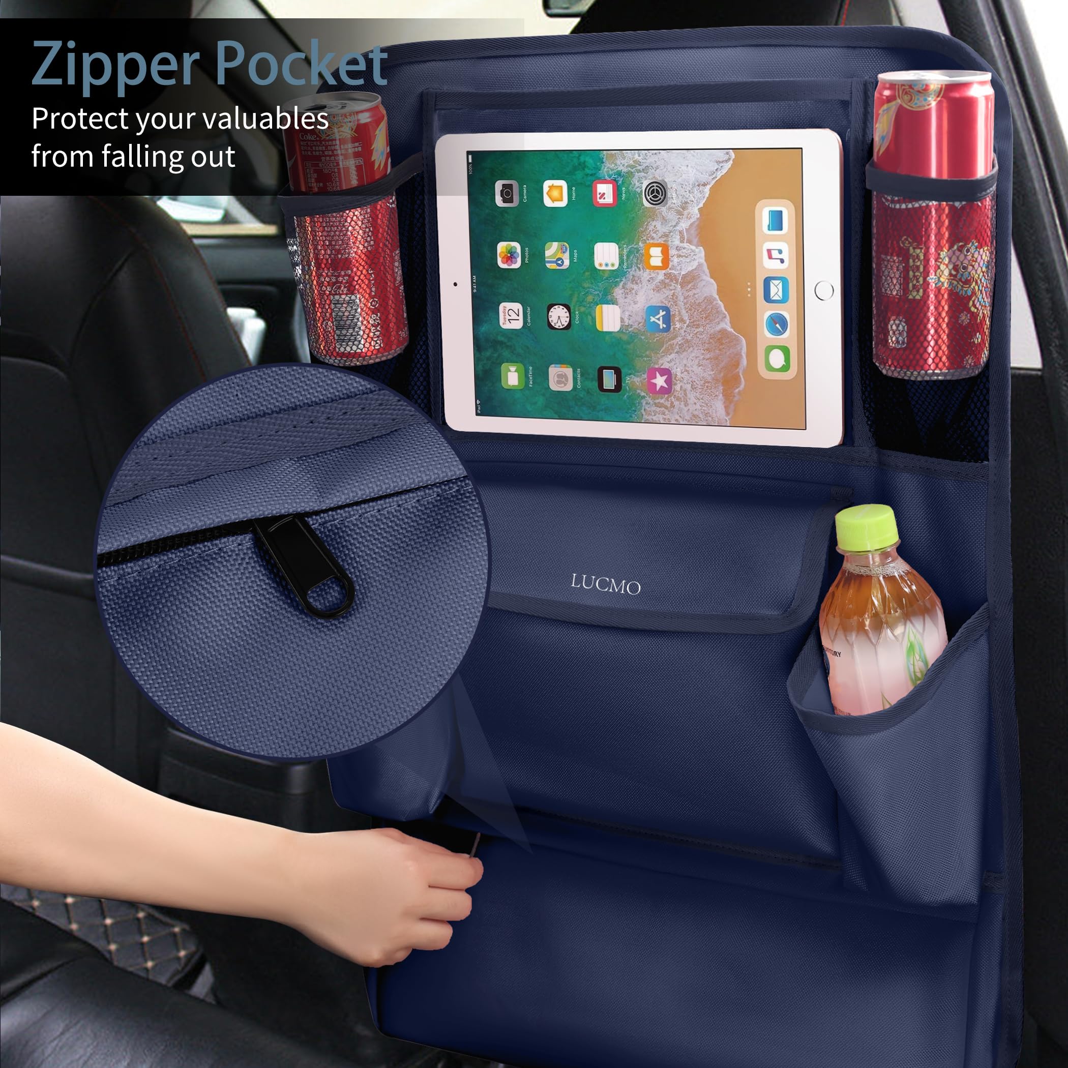 Lucmo Car Backseat Organizer With Touch Screen Tablet Holder,9 Storage Pockets Car Storage Organizer,Protectors Kick Mats Travel