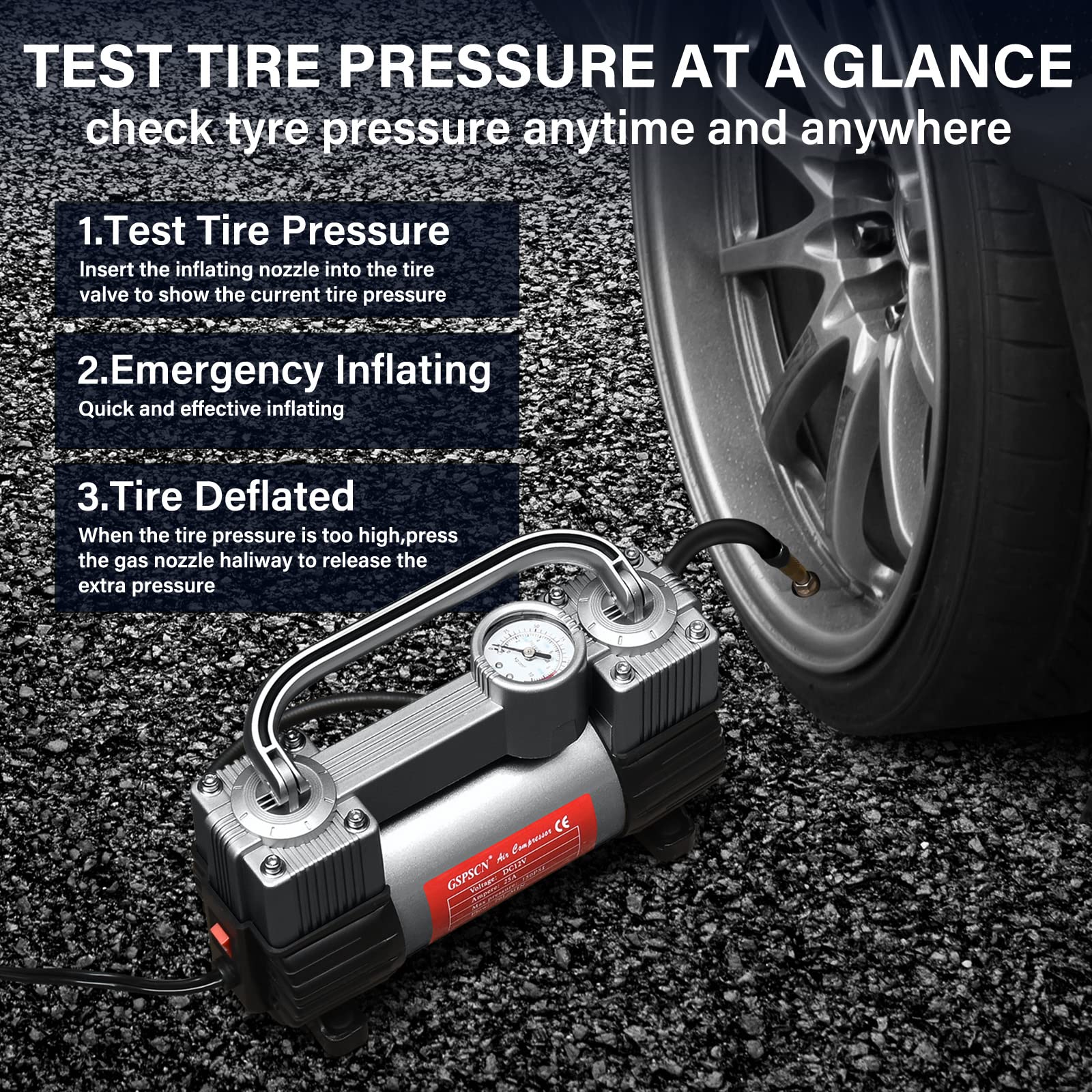 Gspscn Tire Inflator Heavy Duty Double Cylinders, Portable Metal Dc 12V Air Compressor, 150Psi Tire Pump With Adapter For Car, T