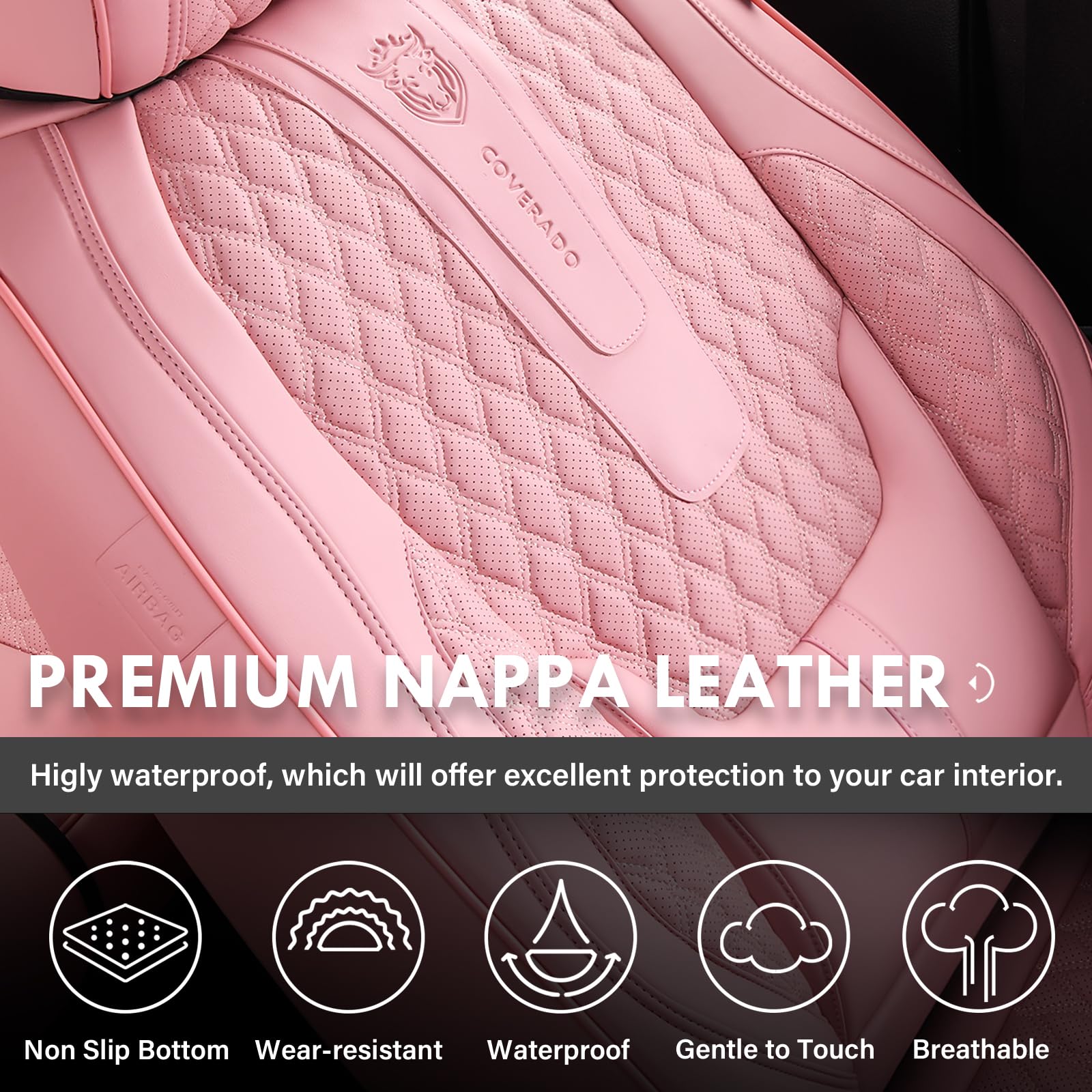 Coverado Seat Covers Full Set, Pink Car Seat Covers, Waterproof Car Seat Cover with Lumbar Support, Leather Car Seat Cushion Pro