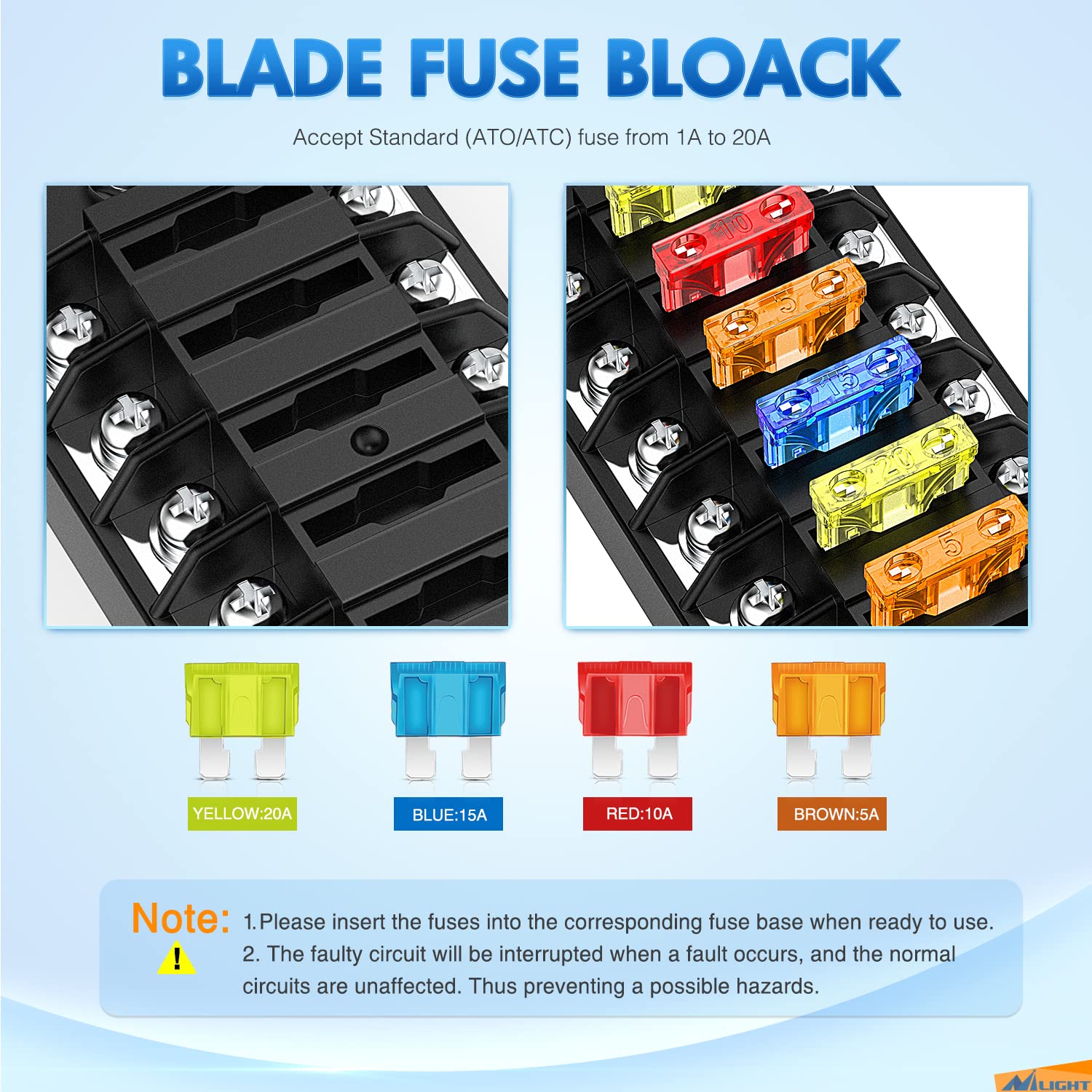Nilight 6 Way Fuse Block with Negative Bus 12V Blade Fuse Holder ATC/ATO Standard Fuse Box Label Stickers Waterproof Cover Fuse