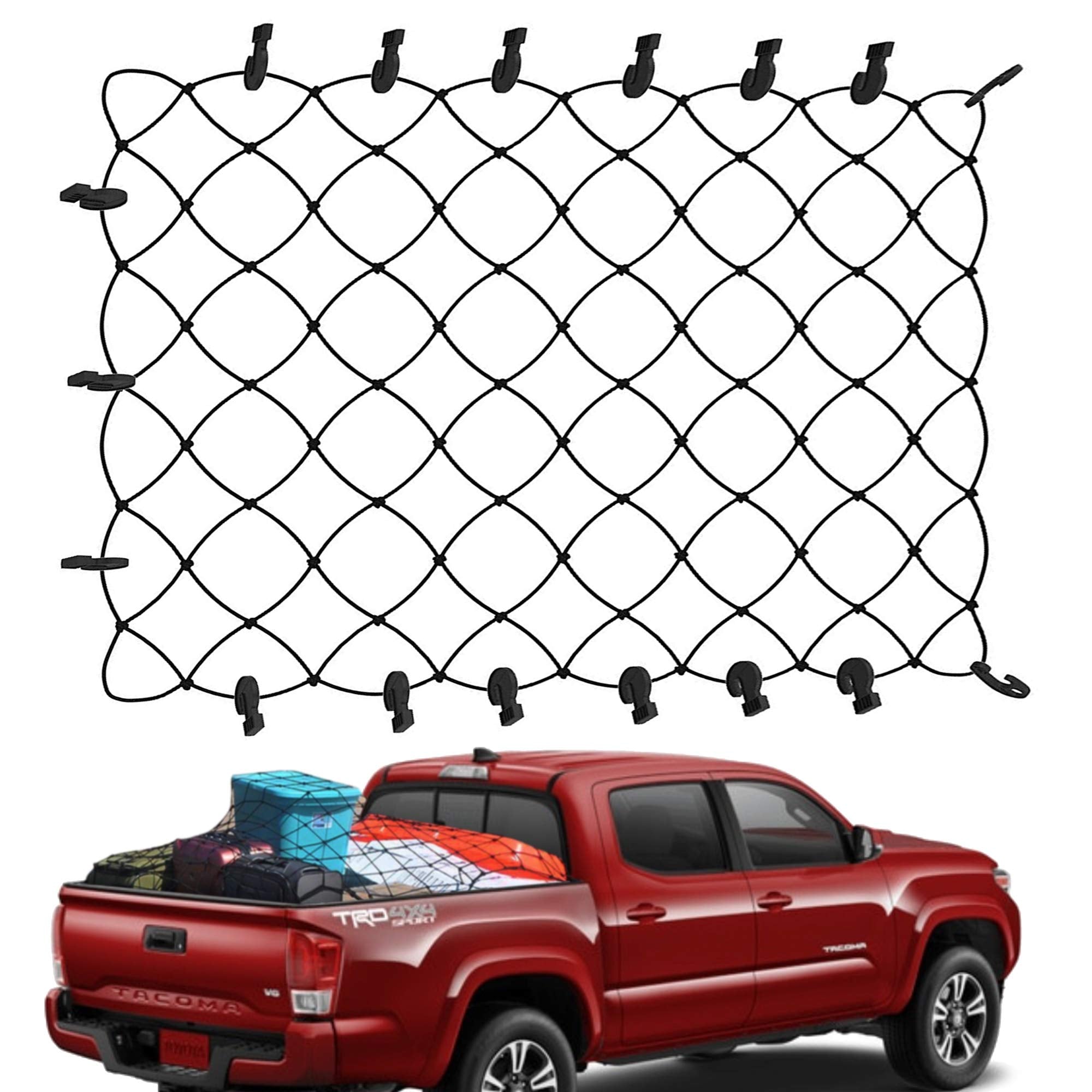 TacoNets Toyota Tacoma Long Bed Cargo Net - Patent Pending Design - Fits 2005-2023 - Heavy Duty 8mm Premium Bungee 3'x5' Cargo N