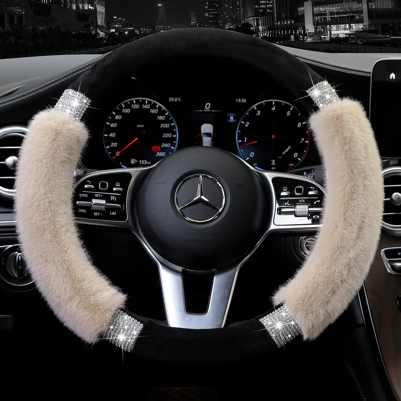 Achiou Rhinestone Fluffy Steering Wheel Cover - Comfortable Non-Slip Luxury Faux Wool, Universal Fit For 14.5 '' To 15 '' Steeri