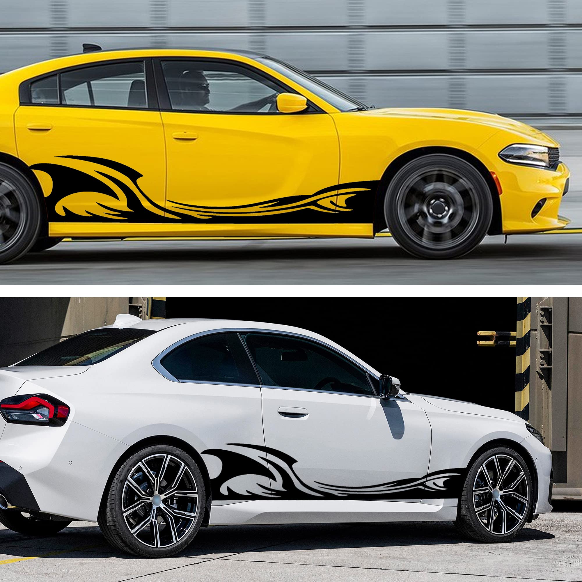 TOMALL 2Pcs 82'' Wave Flame Graphics Car Body Side Stickers Flame Racing Sports Stripe Decals for Car Universal Vinyl Waterproof