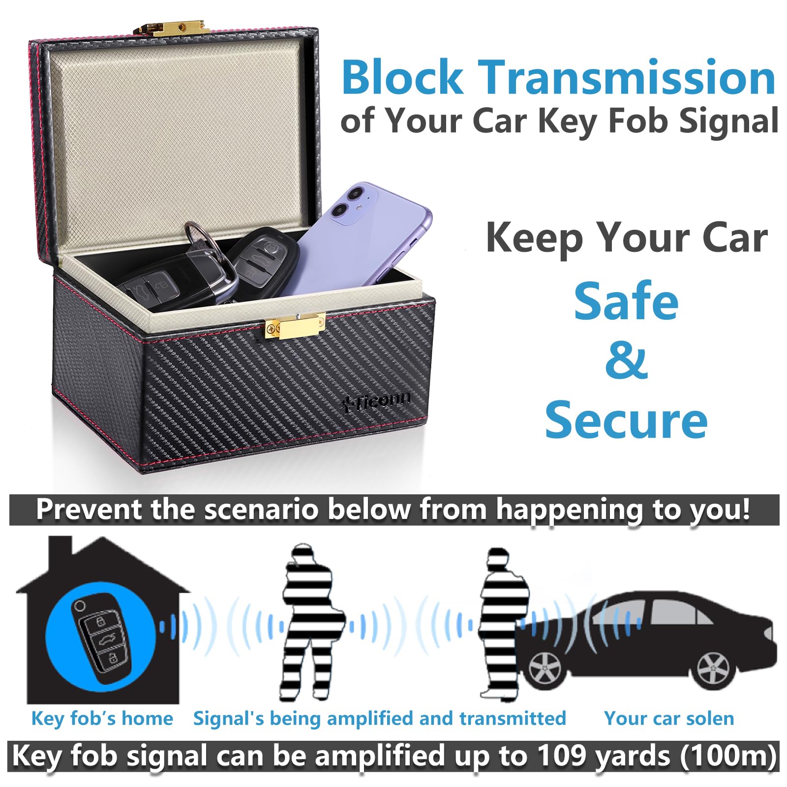 Ticonn Faraday Box, Car Key Fob Protector, Pu Leather Signal Blocker For Keyless Fob, Rfid Signal Blocking Pouch Cage (Yellow Sl