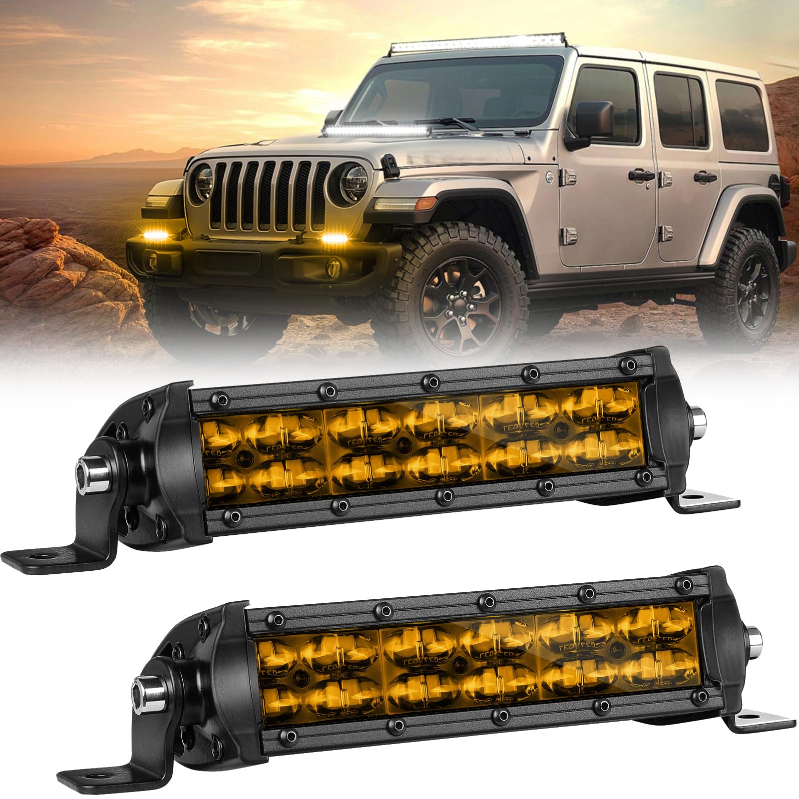 6 Inch Light Bar Amber, Swatow Industries 2Pcs Slim Led Light Bar Spot Flood Offroad Driving Lights Bumper Mounts Amber Fog Ligh