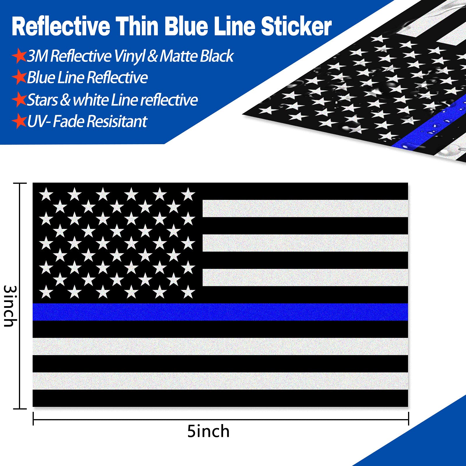 Reflective Us Flag Decal Packs With Thin Blue Line For Cars & Trucks, 5 X 3 Inch American Usa Flag Decal Sticker Honoring Police