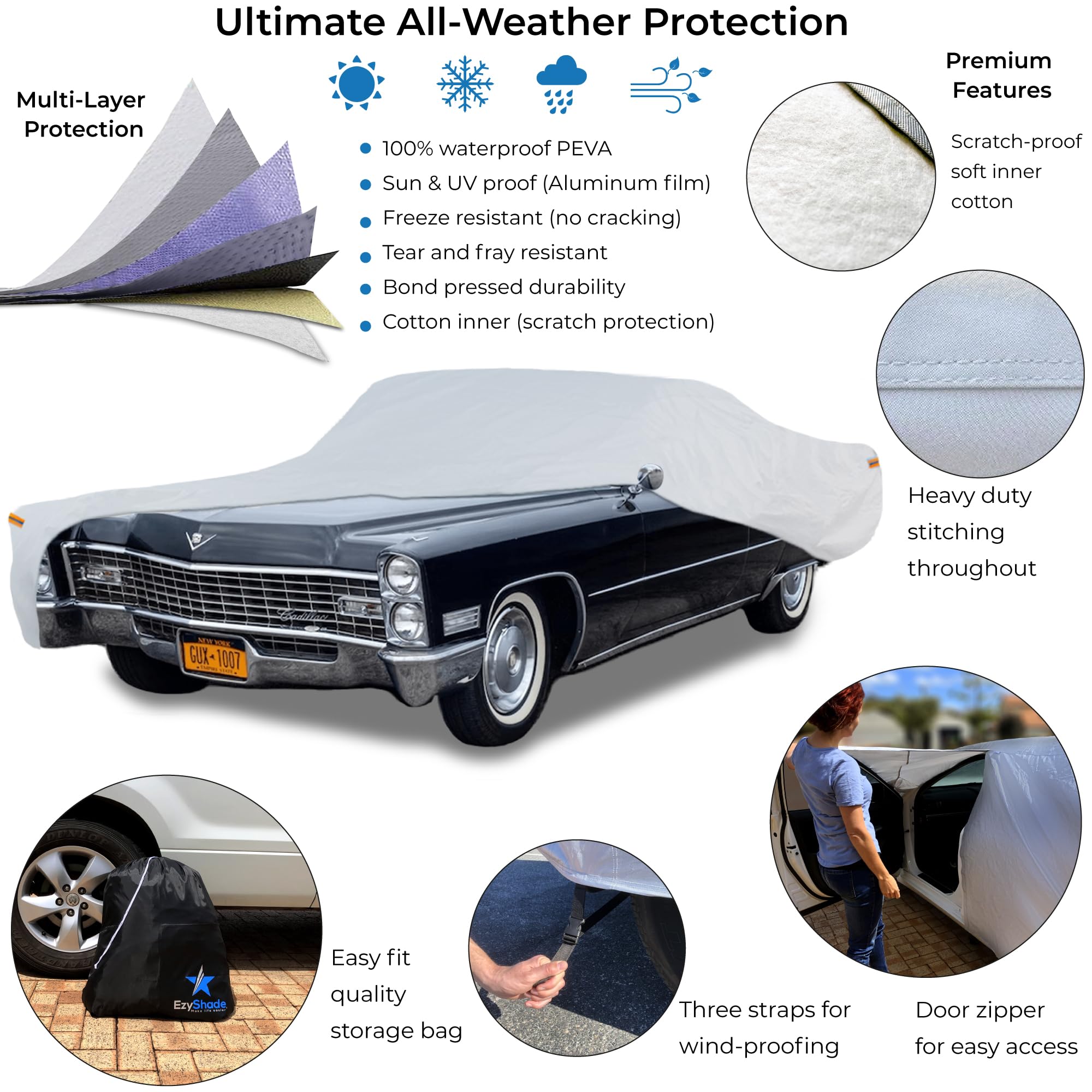 Ezyshade 10-Layer Waterproof Sports Car Cover. See Vehicle Size-Chart For Accurate Fit. All Weather Outdoor Covers. Thunderbird Impala Grand Fury Classic Cars. Sun Snow Rain. Size C7 (See Size Chart)