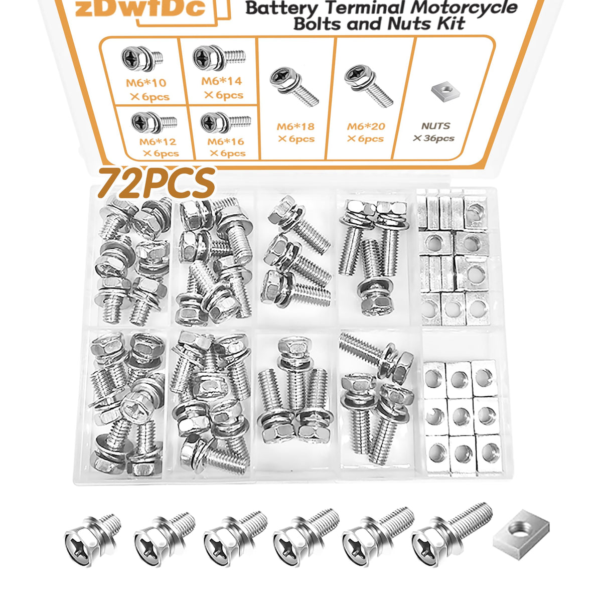 Zdwfdc 72Pcs Battery Terminal Motorcycle Bolts And Nuts Kit M6*10/12/14/16/18/20Mm 304 Stainless Steel Battery Bolt With Square