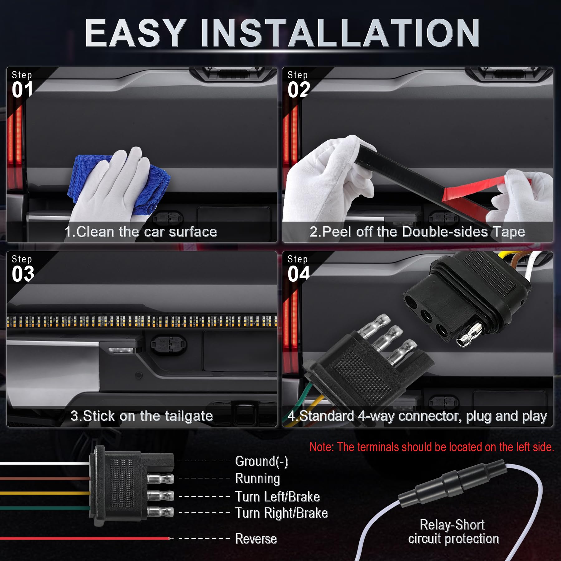 Livtee Truck Tailgate Light Bar, 60'' Triple Row Led Brake Light Strip With Red Brake/White Reverse/Sequential Amber Turning Sig