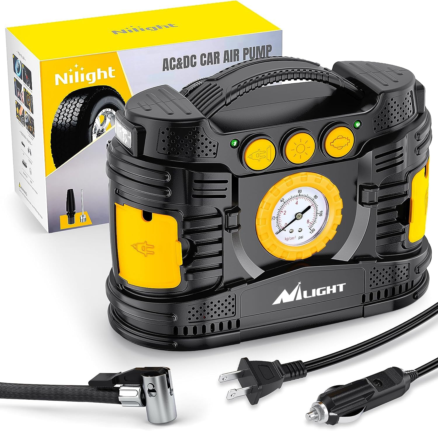 Nilight Tire Inflator Portable Air Compressor Dual Power For Car 12V Dc Home 110V Ac Tire Pump W/Analog Pressure Gauge Fast Infl