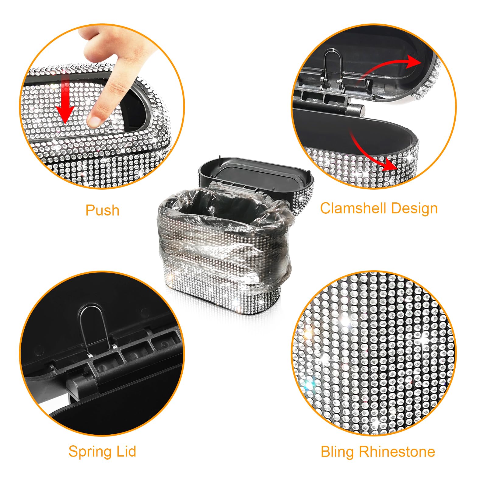 Accmor Bling Car Trash Can With 30Pcs Garbage Bags, Vehicle Trash Bin With Lid Auto Dustbin Organizer Garbage Storage, Sparkling