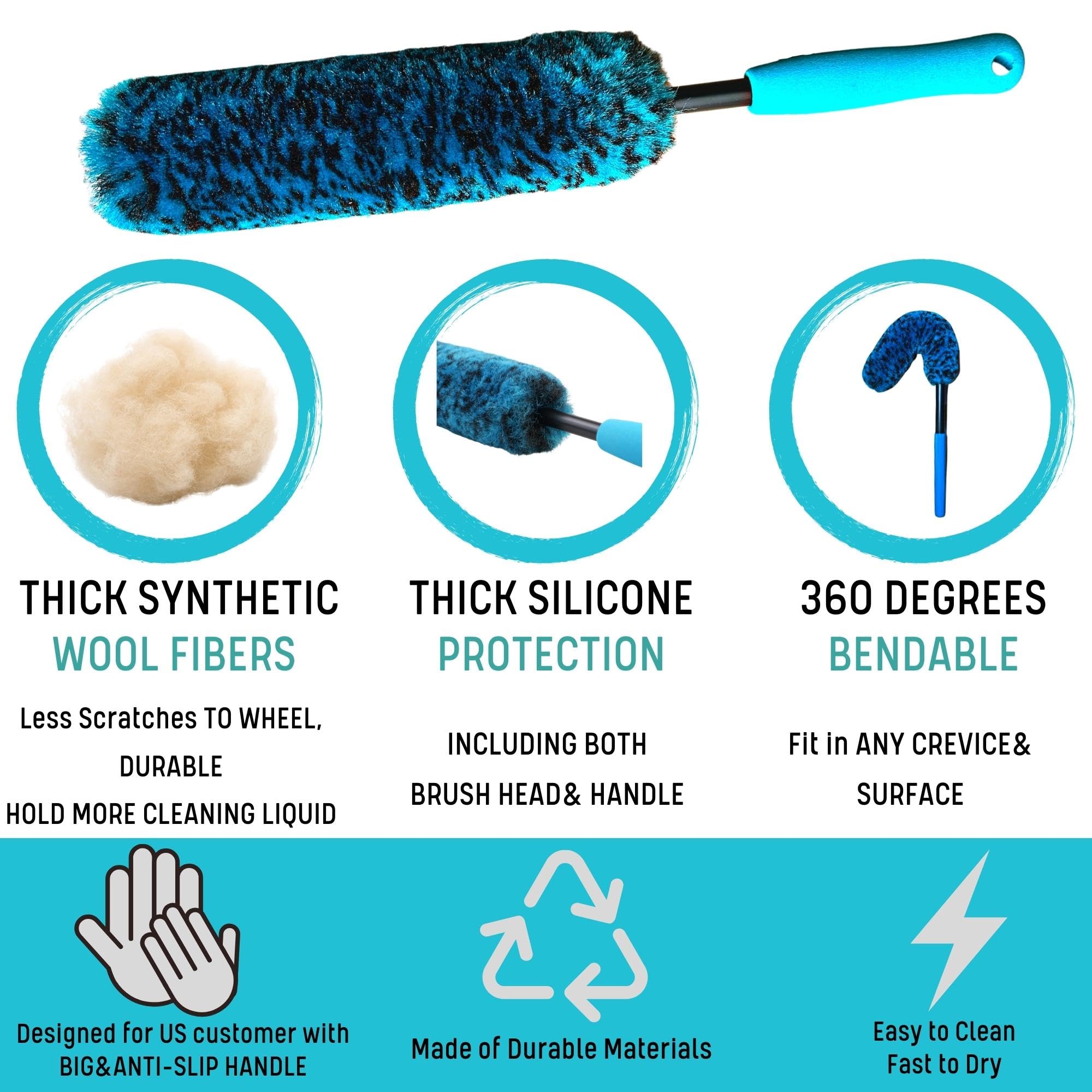 oesee PRO Choice 4 Pack Long Handle Wheel Brush Kit for Cleaning Wheel and Tire- 2X Soft Wheel Cleaning Brush, Detailing Brush a
