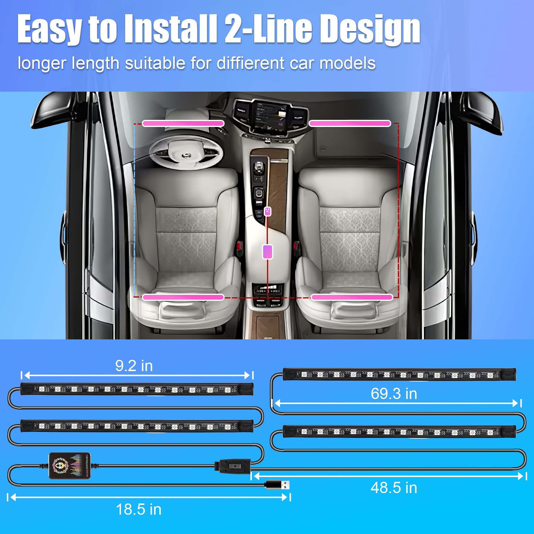 Livtee Smart Rgb Led Interior Lights, 2 Lines Design With Usb Port, App Control, Music Mode And Diy Mode, Car Accessories Gifts