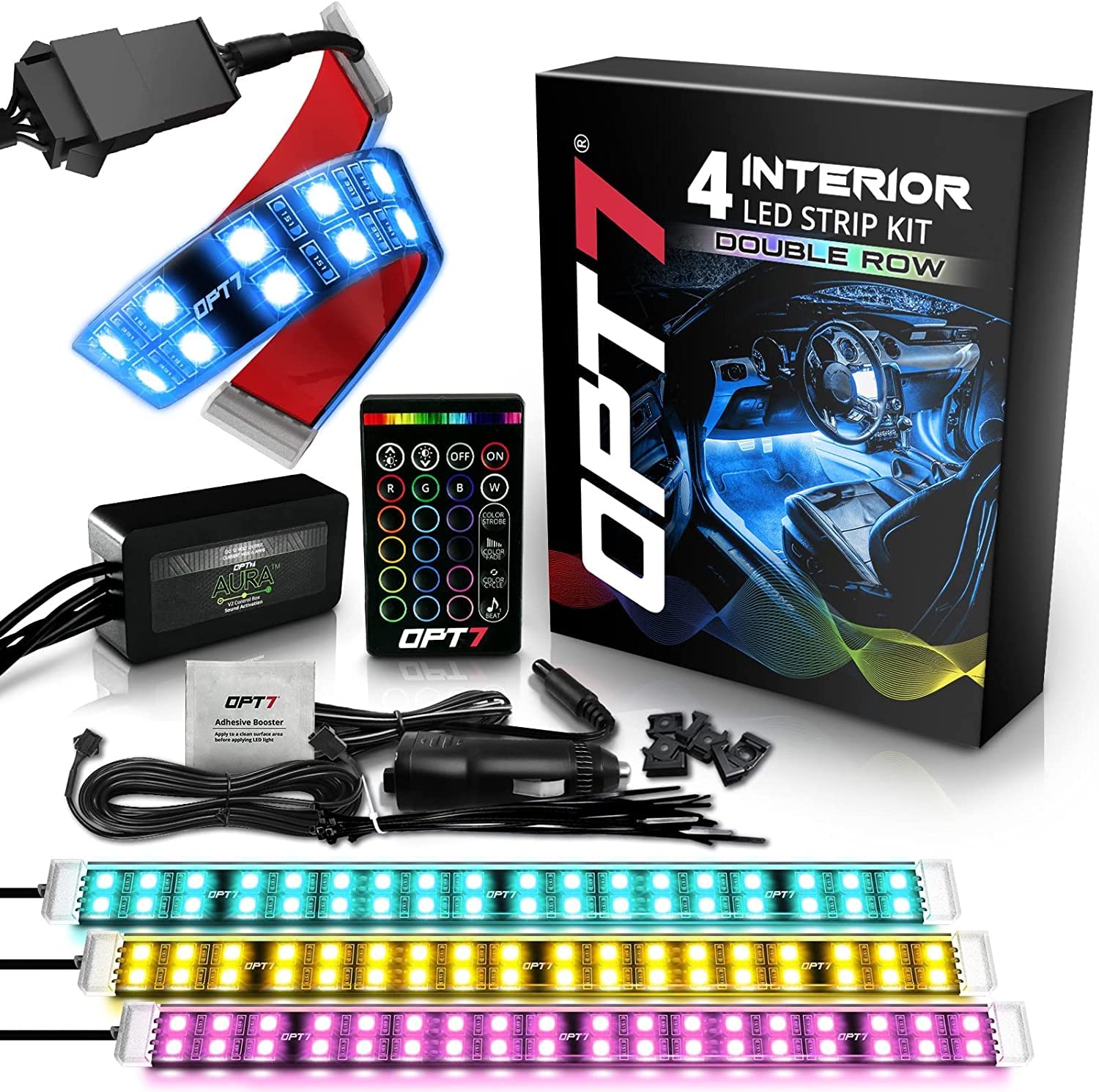 Opt7 Aura Interior Car Lights Led Strip Kit-16+ Smart-Color, Soundsync, Door Assist, Show Patterns, And Remote-Accent Underdash Footwell Floor, 4Pc Double Row