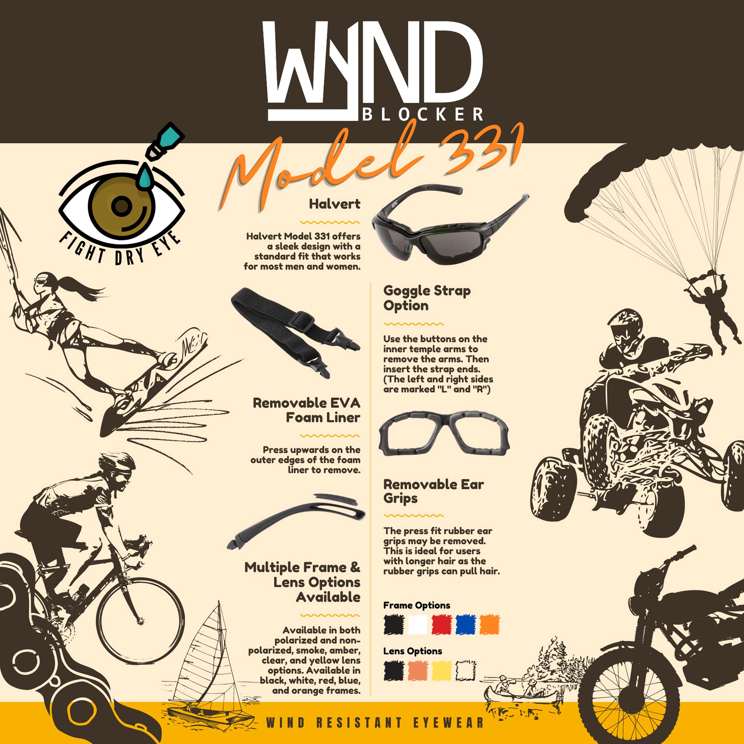 Wynd Blocker Motorcycle Riding Glasses Extreme Sports Wrap Sunglasses, White, Yellow Night Driving