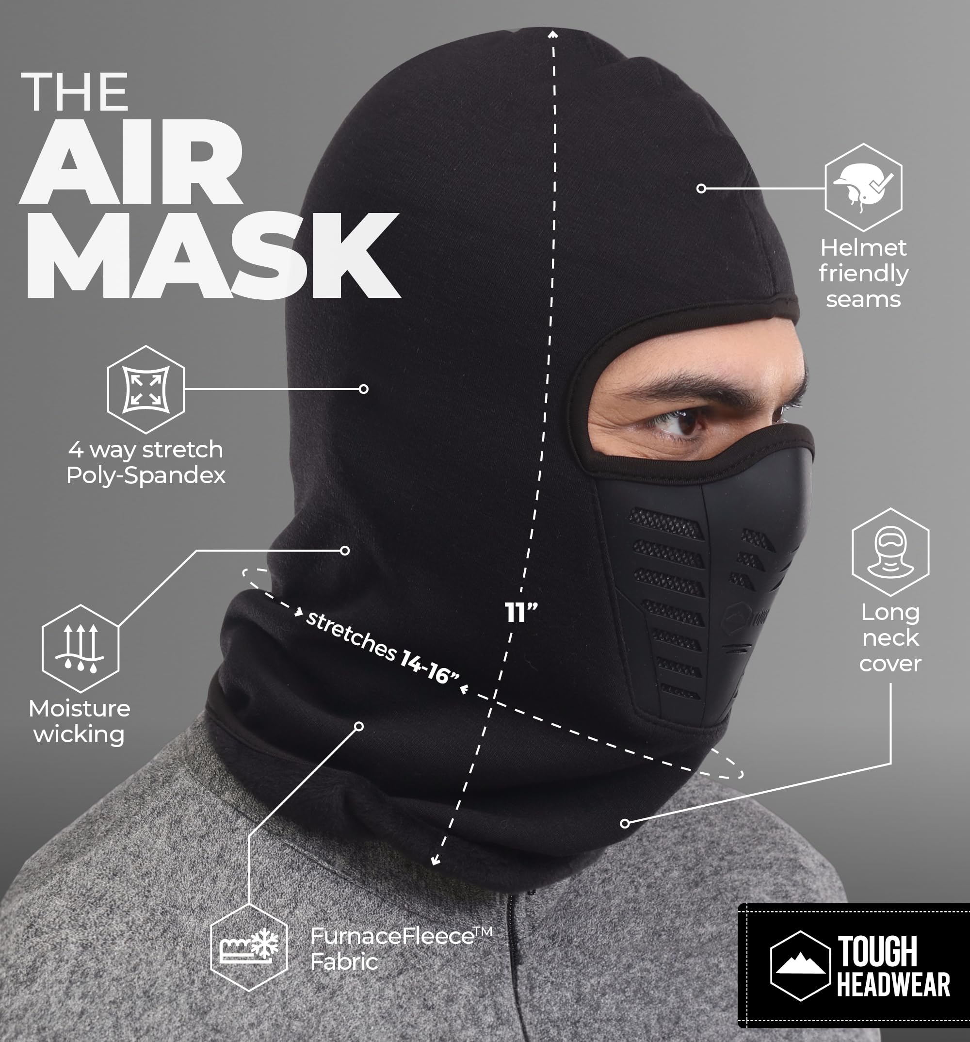 Tough Headwear Balaclava Ski Mask - Thermal Face Mask for Cold Weather with Breathable Air Vents - Winter Full Face Mask for Men