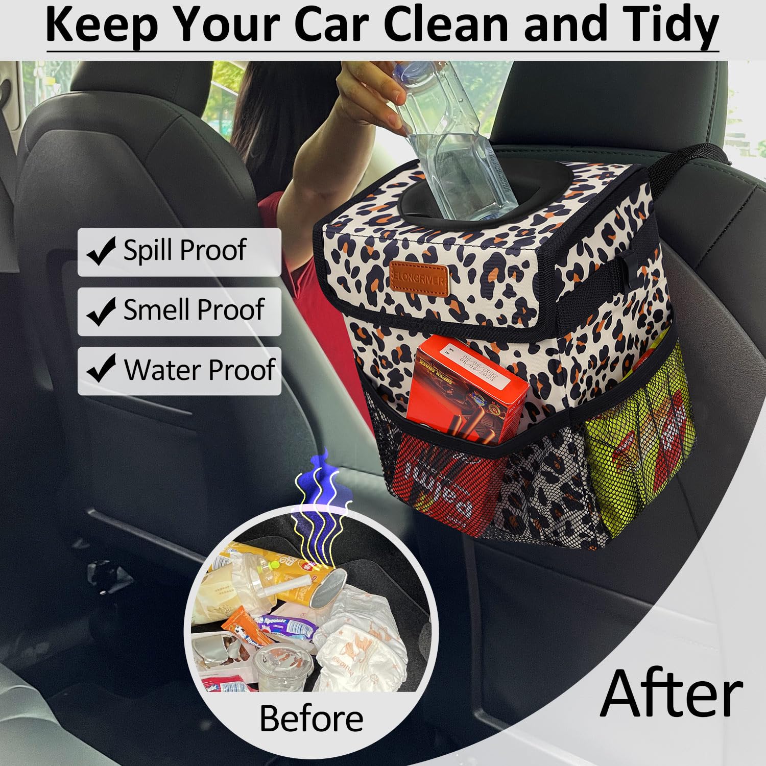 Elongriver Car Trash Can Bin For Back Seat, Leak Proof, Cute Car Trash Bag Hanging, Vehicle Trash Can For Suv Truck Van, Leopard