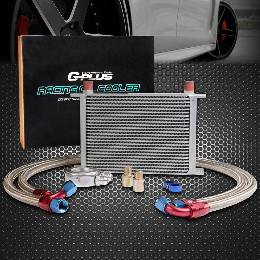 G-PLUS 25 Row AN10-10AN Universal Engine Transmission Oil Cooler Kit + Oil Filter Relocation Kit Silver