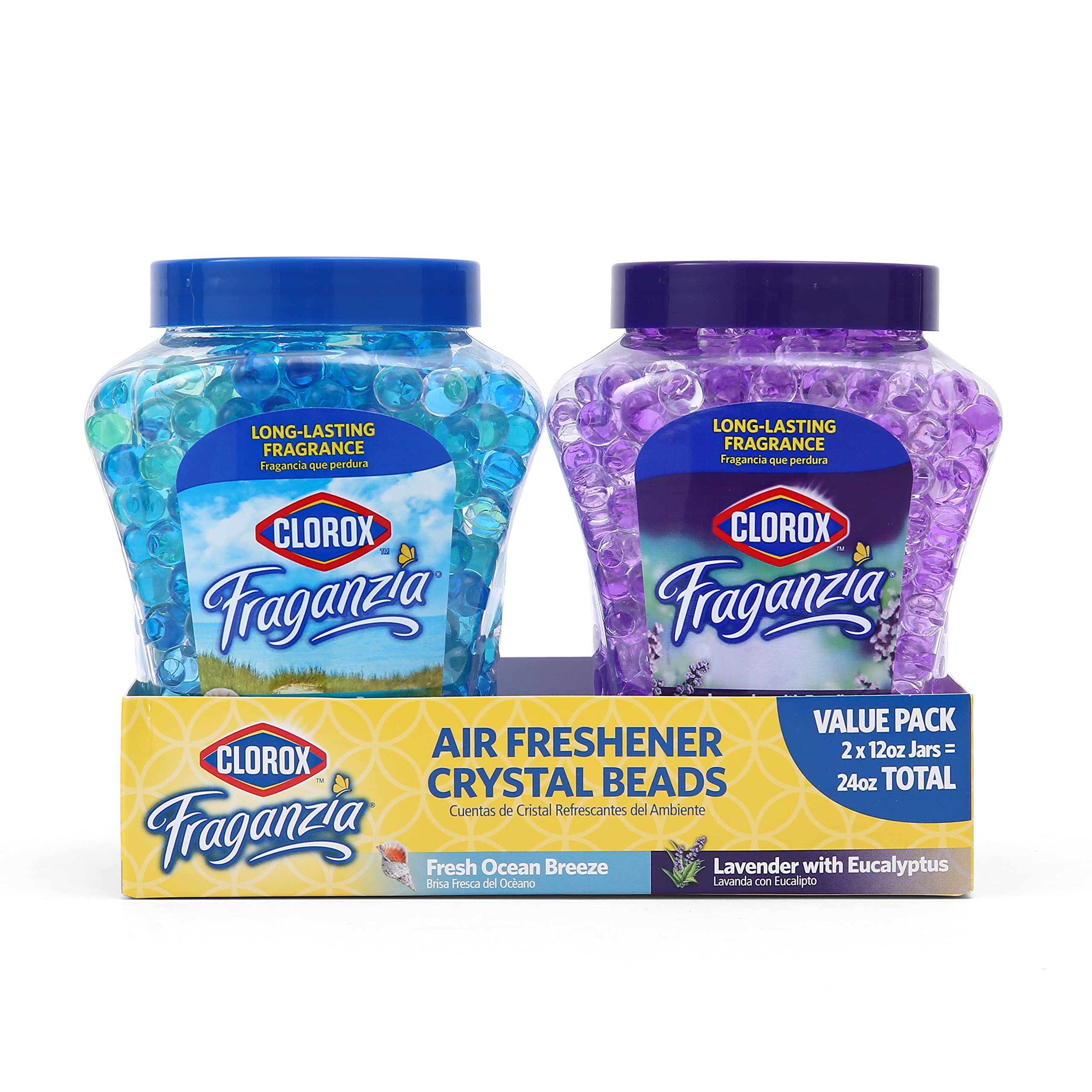Clorox Fraganzia Air Freshener Crystal Beads Double Pack, Fresh Ocean Breeze, Lavender w/Eucalyptus 12oz Jars | Vented Jar Air S
