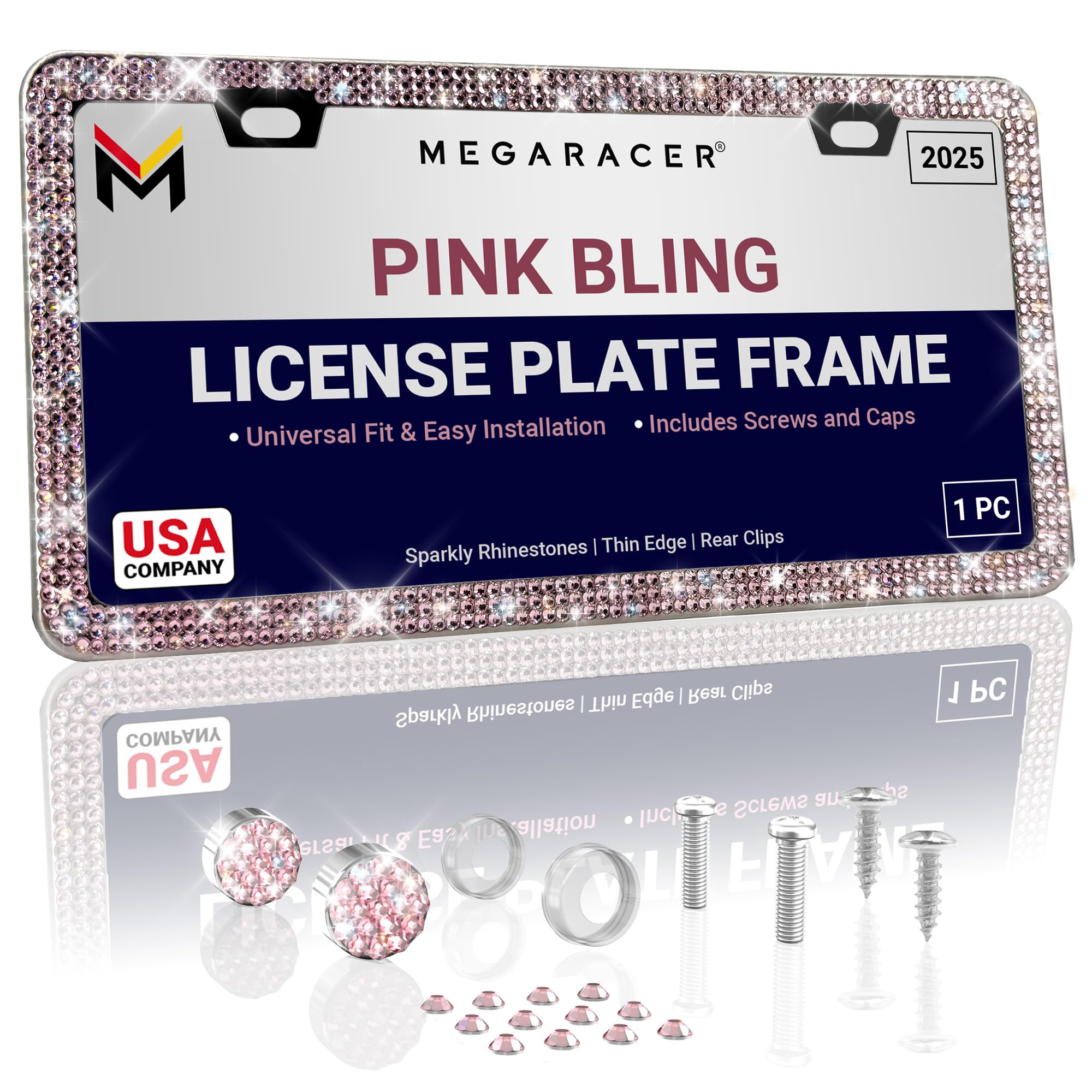 Pink Bling License Plate Frame Women Rhinestone Diamond Sparkly Glitter Crystal Bedazzled Chrome Metal Slim Silver Glass Cute St