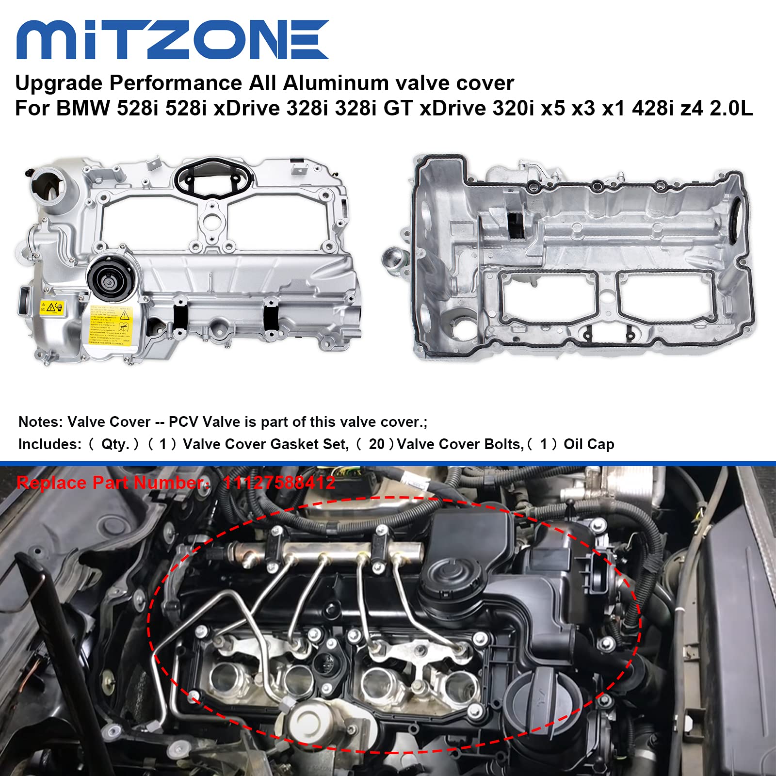 MITZONE N20 Aluminum Valve Cover Kit with Gasket & Oil Cap for BMW 2012-2018 528i, 328i, 320i, X1, X3, Z