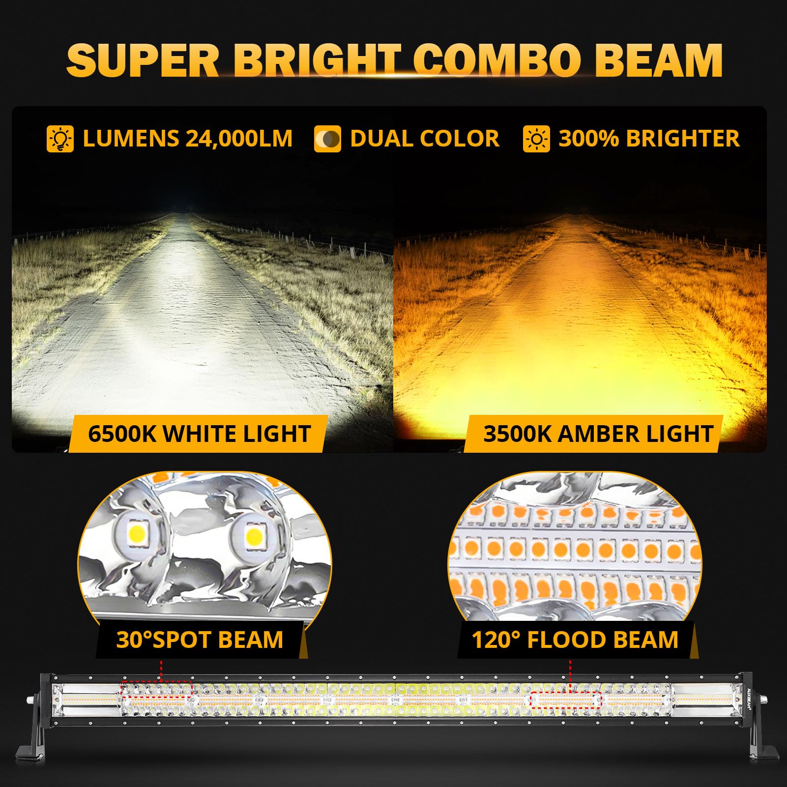 Auxbeam Led Led Light Bar 42 Inch 240W Straight Spot Flood Combo Led Off Road Lights, Amber White Strobe Offroad Fog Light Memor